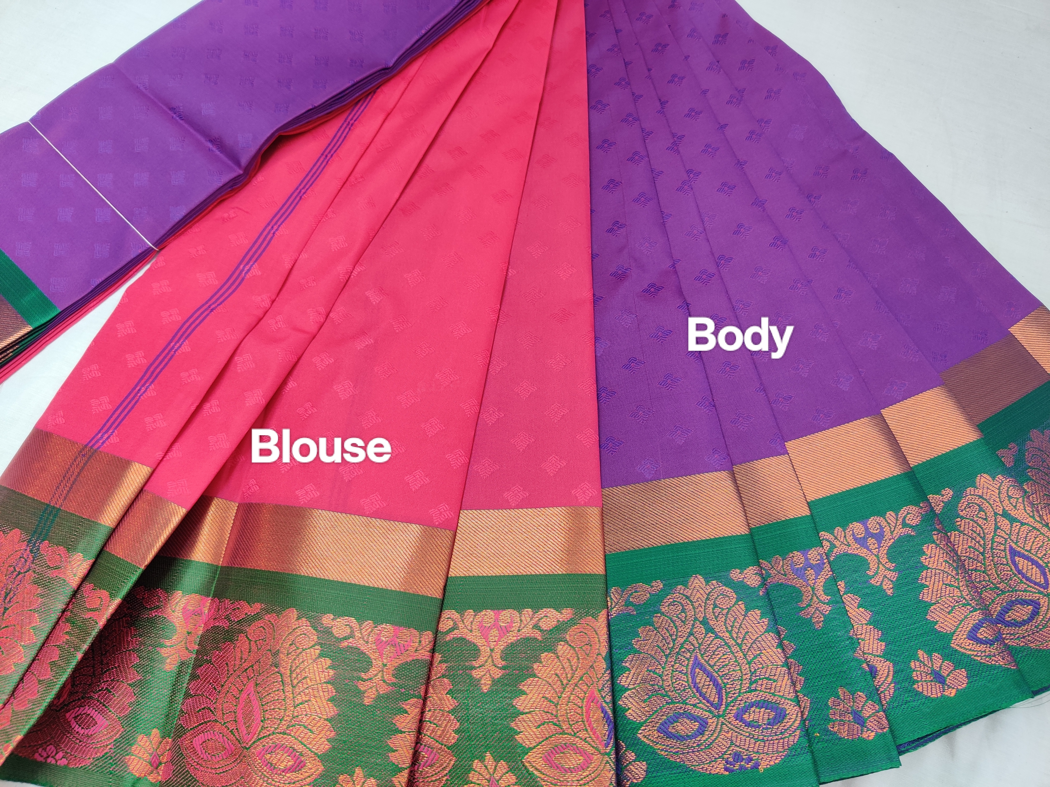 Purple & Pink Semi Soft Silk Saree with Green Zari Border