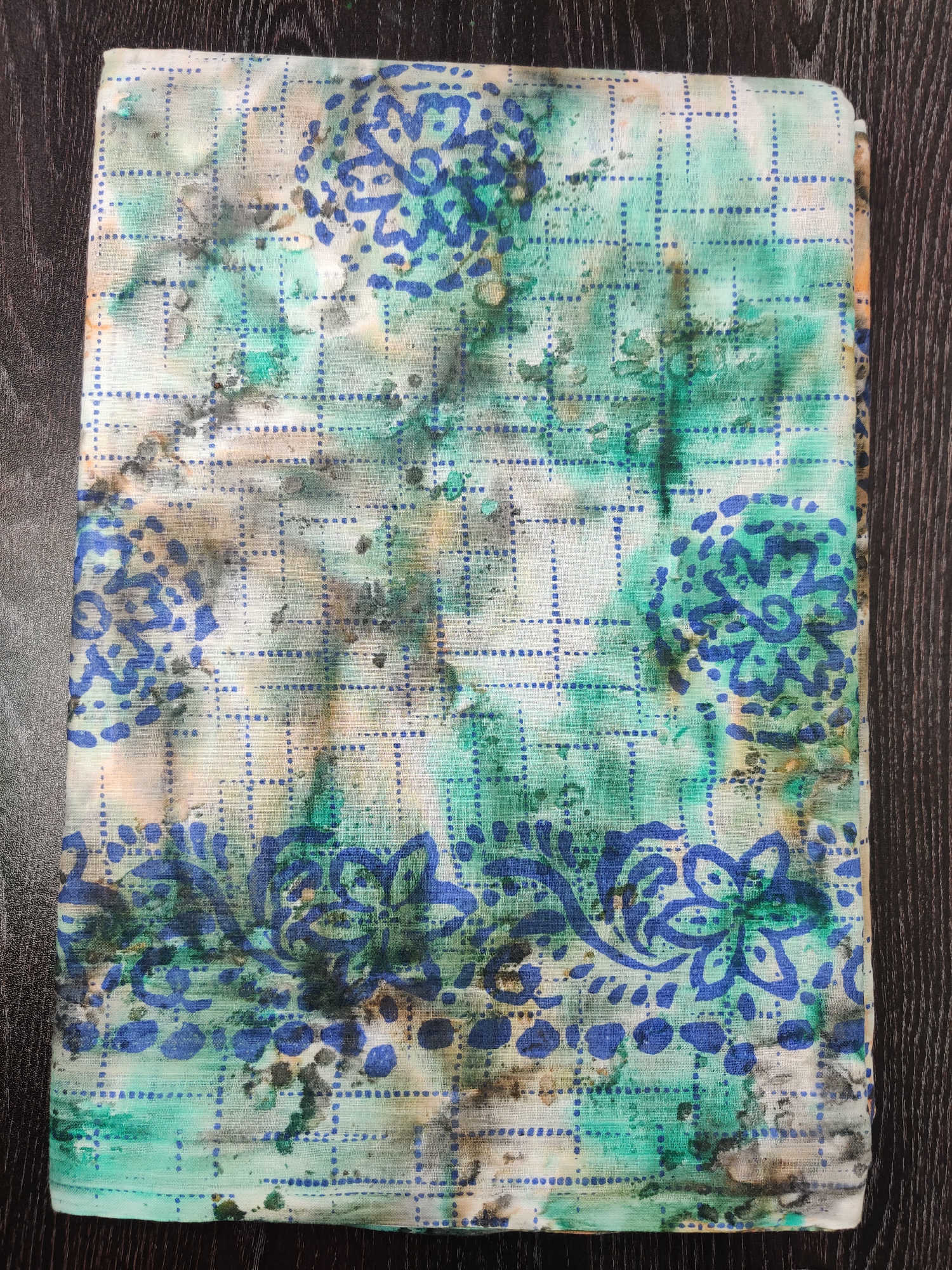 Pure Cotton Green Tie-Dye Saree with Blue Floral & Grid Print