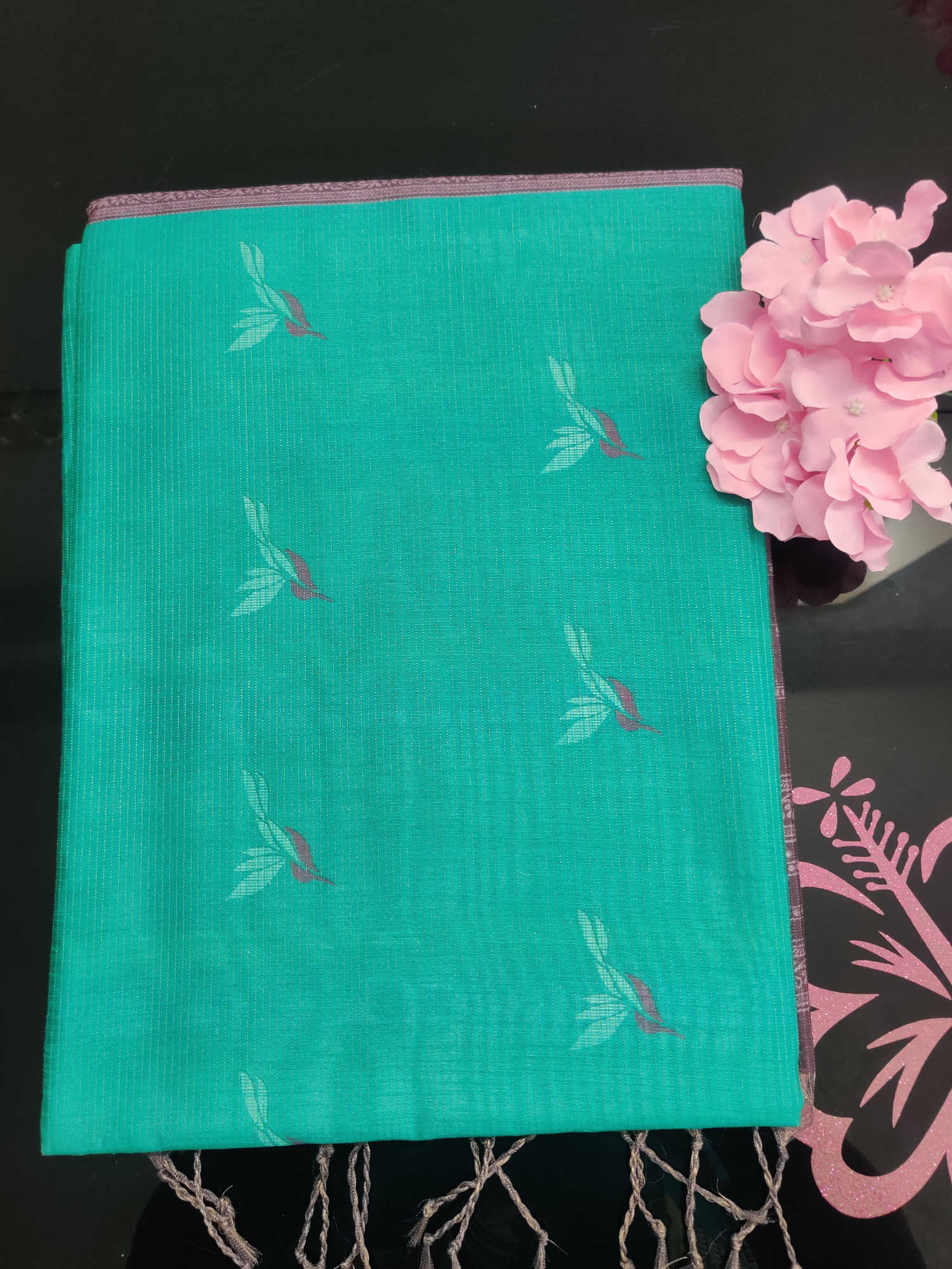 Bugara Premium Semi Tussar Silk Saree – Teal Green Body with Elegant Brown Leaf Border