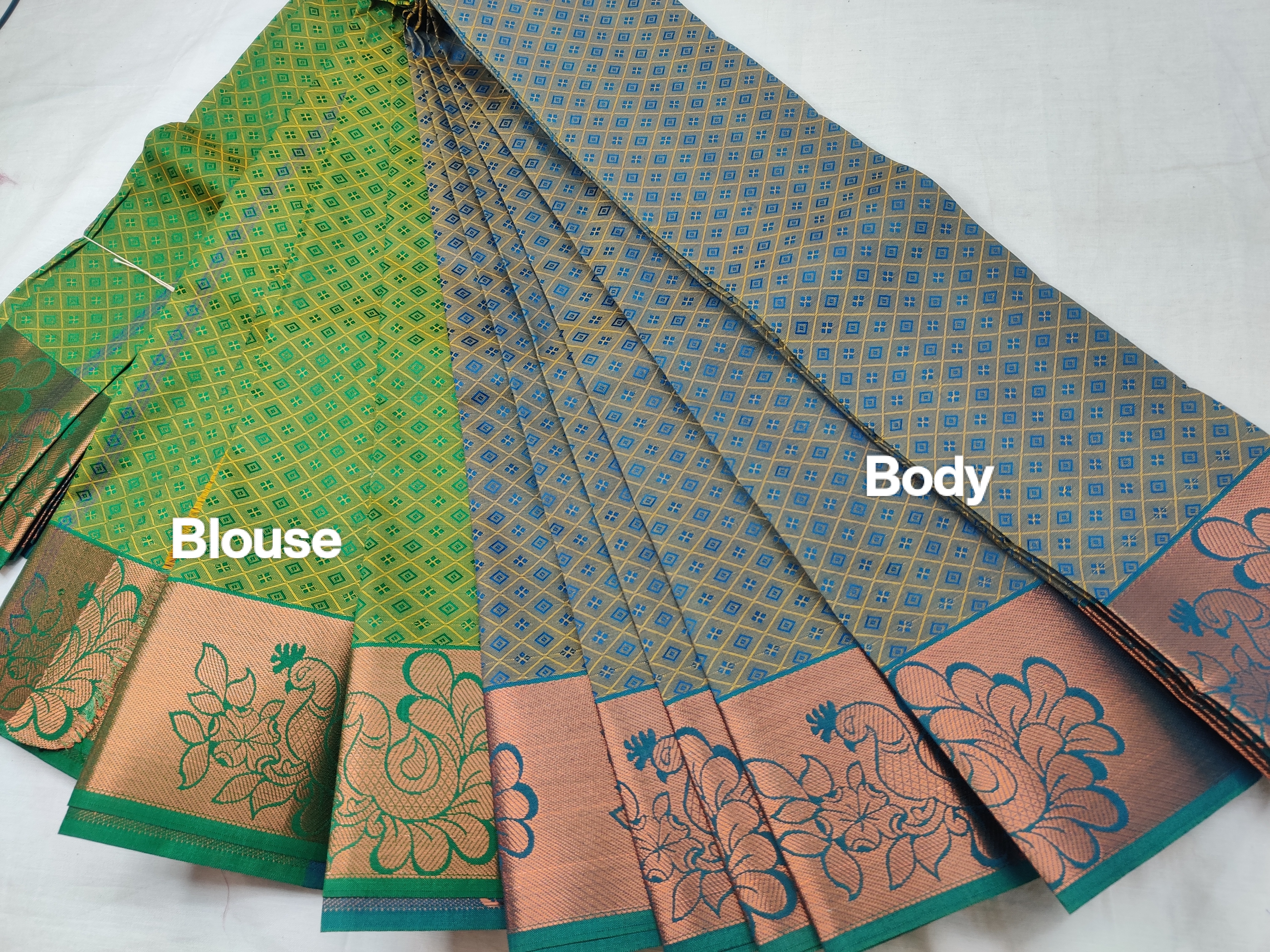 Green & Gold Semi Soft Silk Saree with Peacock Zari Border