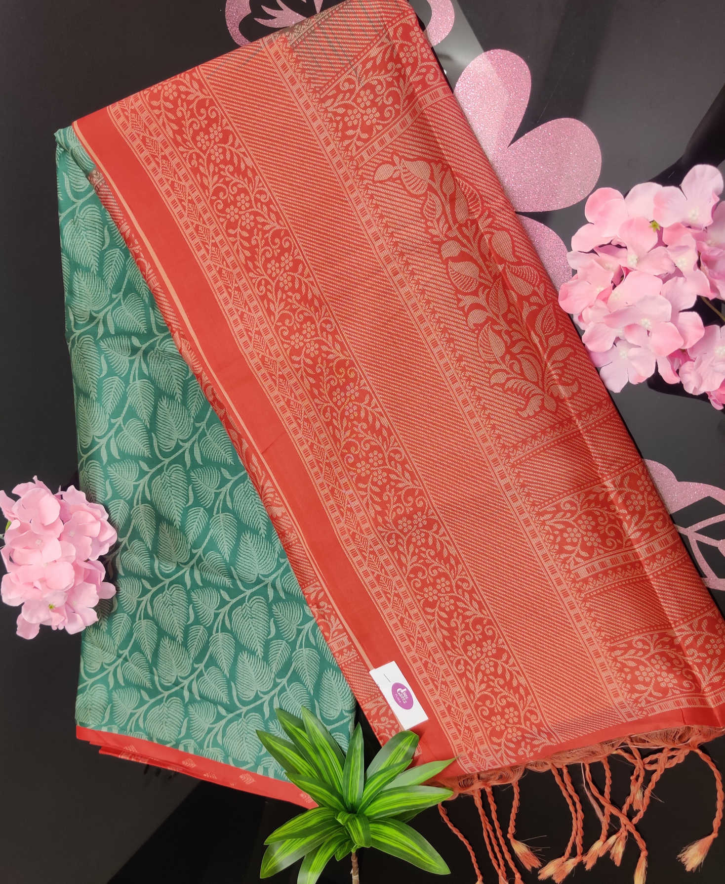 Green Leaf-Weave Semi Tassur Silk Saree with Contrast Coral Border & Matching Blouse