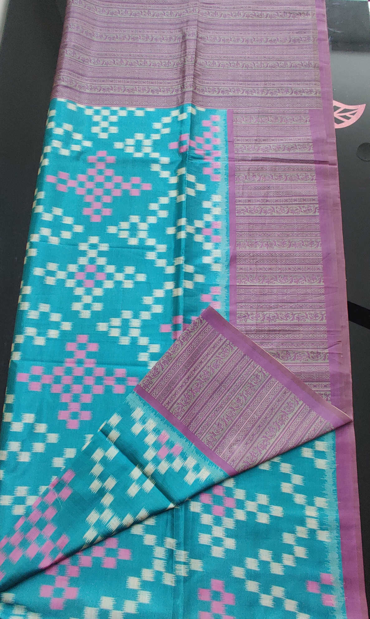 Teal Ikat Weave Semi Tassur Silk Saree with Contrast Purple Big Border & Matching Blouse
