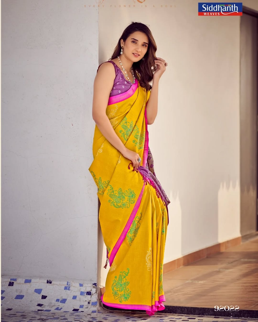 Semi Tussar Silk Saree – Mustard Yellow Body with Green Paisley Prints & Rani Pink Border