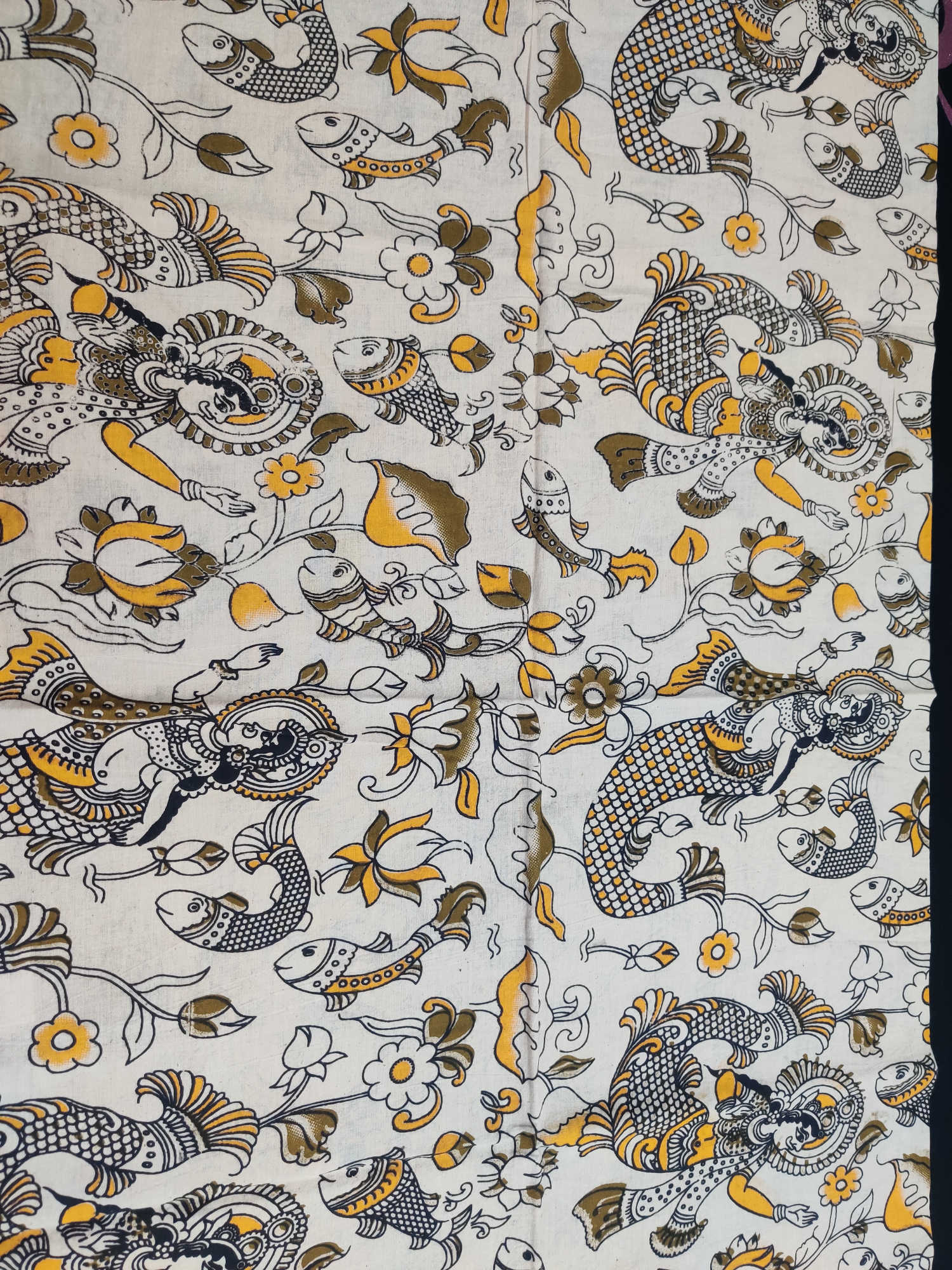 Kalamkari Blouse Fabric – Off-White Base with Yellow & Black Mermaid–Fish Artwork