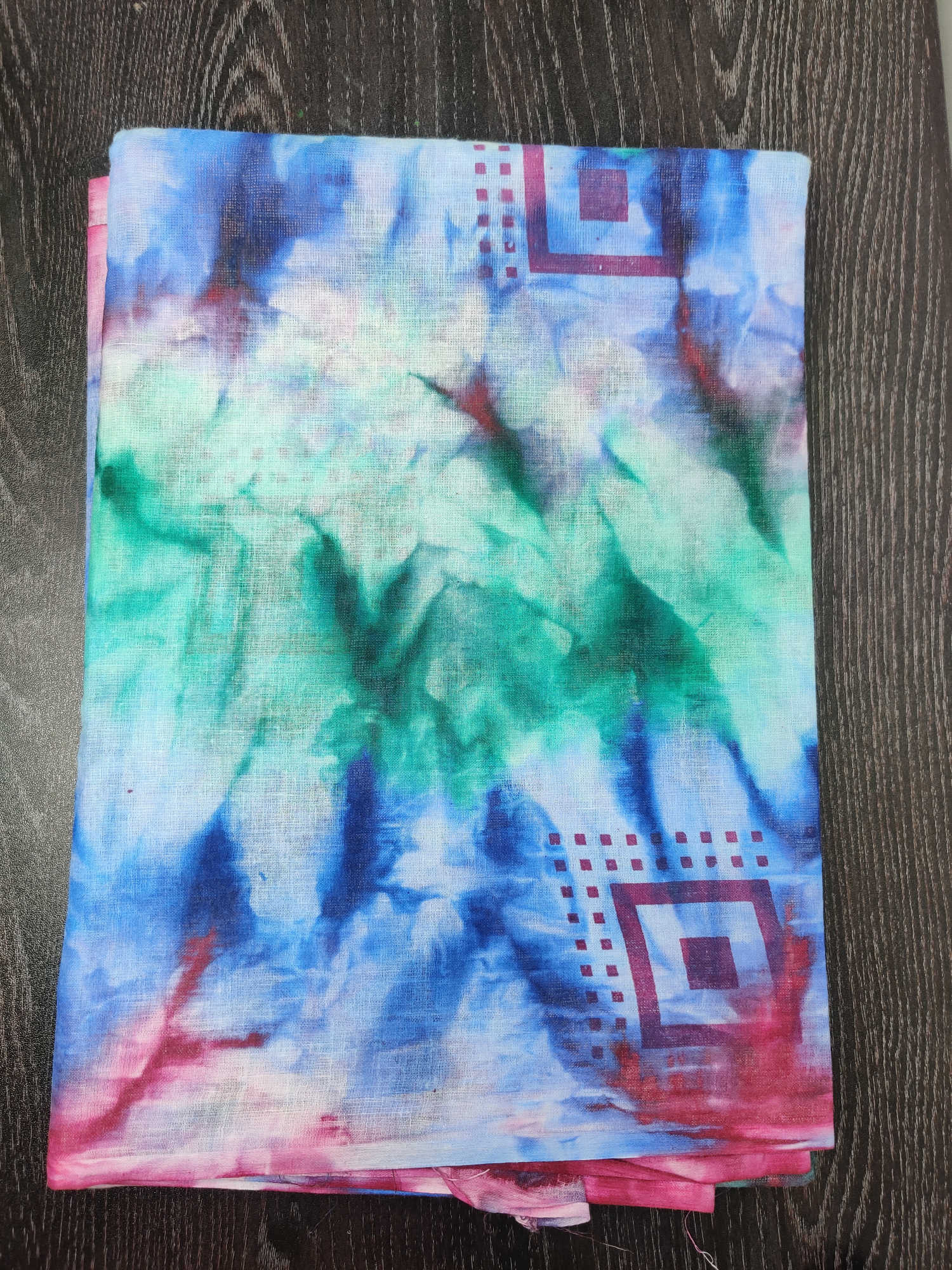 Pure Cotton Tie-Dye Effect Saree – Aqua Blue & Pink with Geometric Accents