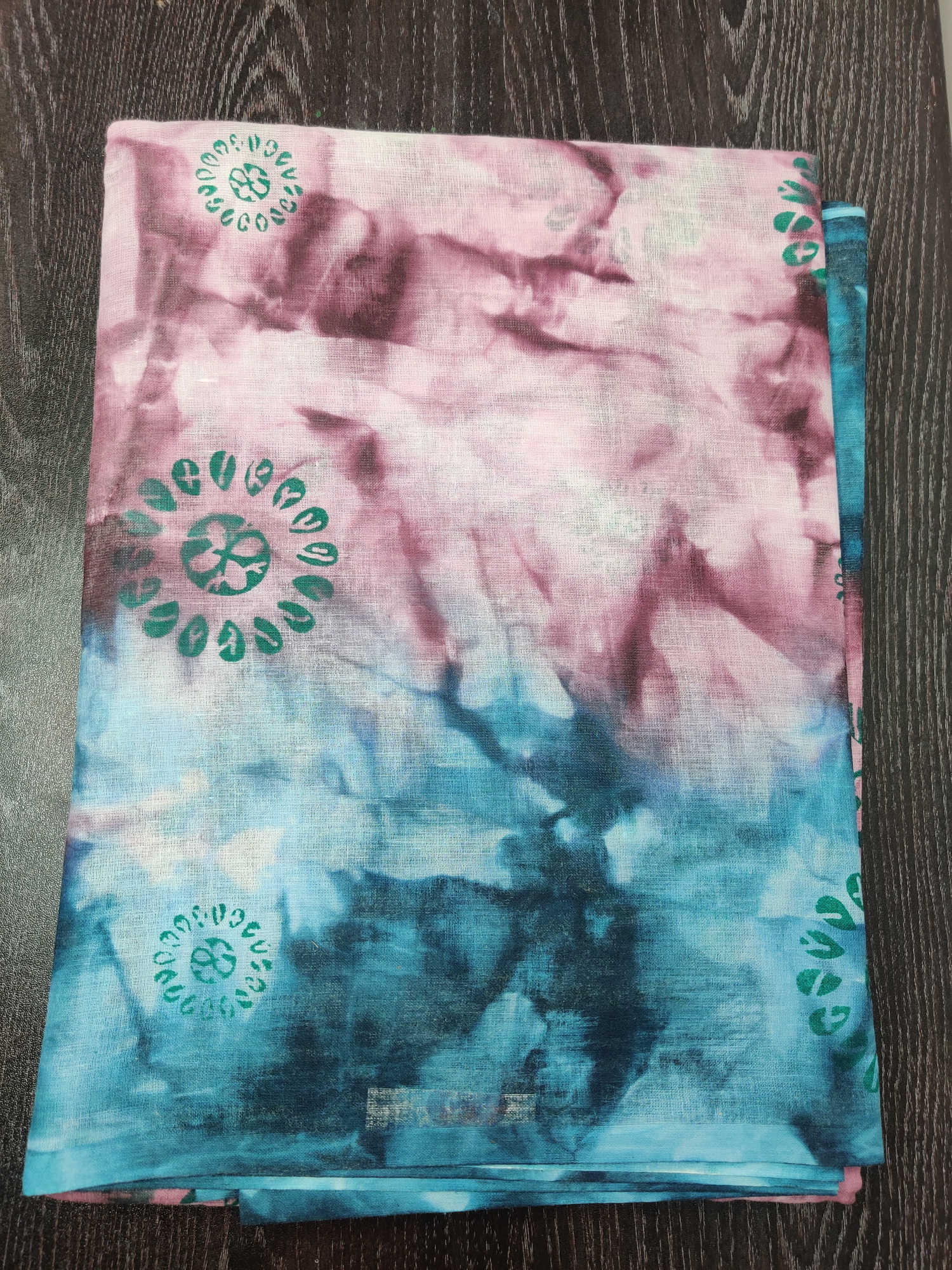 Pure Cotton Pink–Blue Tie-Dye Saree with Hand-Stamped Green Circular Prints