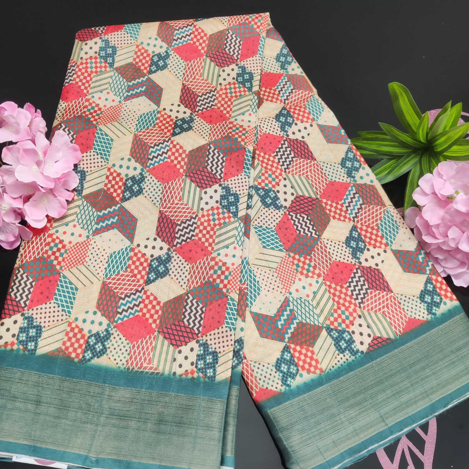 Multicolour Cube Print Kundali Saree with Contrast Teal Border & Matching Blouse