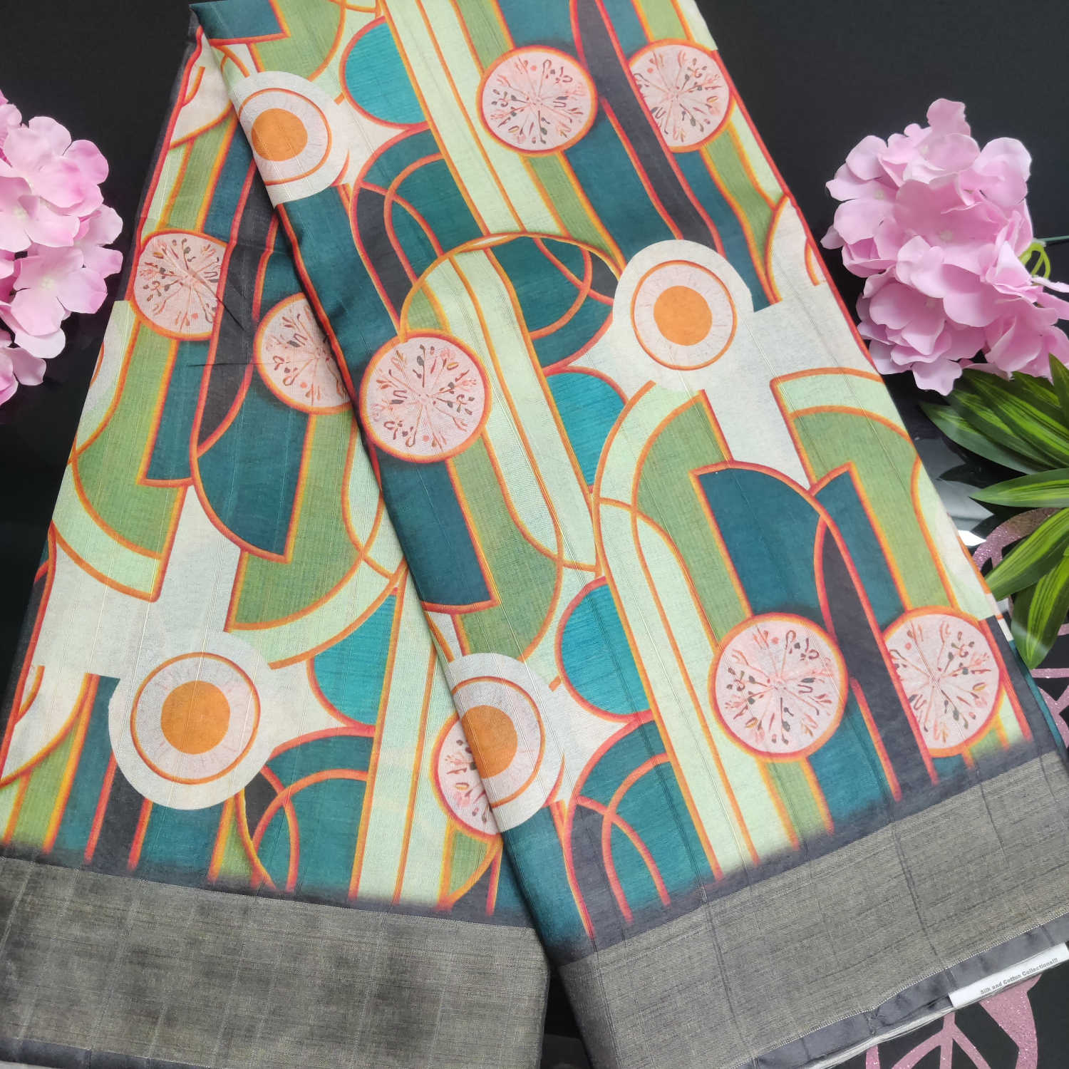 Kundali Dola / Tassar Silk Saree – Abstract Teal & Citrus Motif Elegance