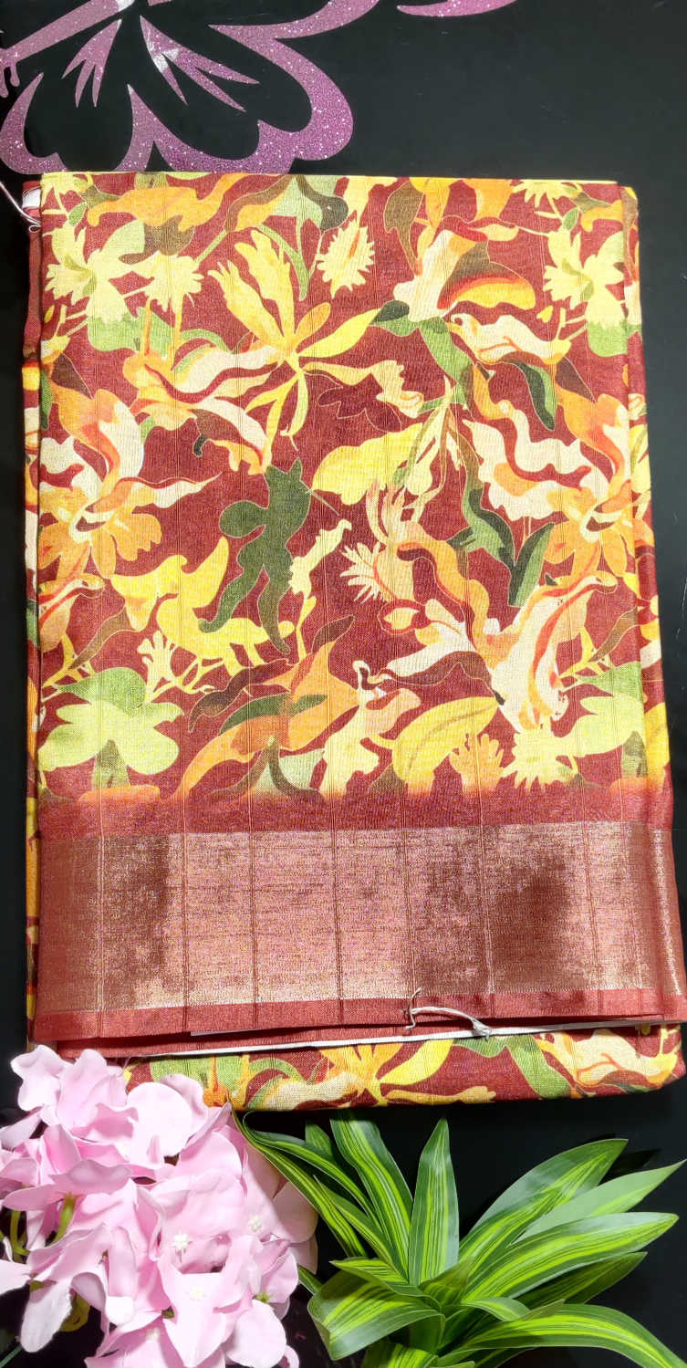 Kundali Dola Silk Saree – Warm Maroon with Tropical Leaf Print