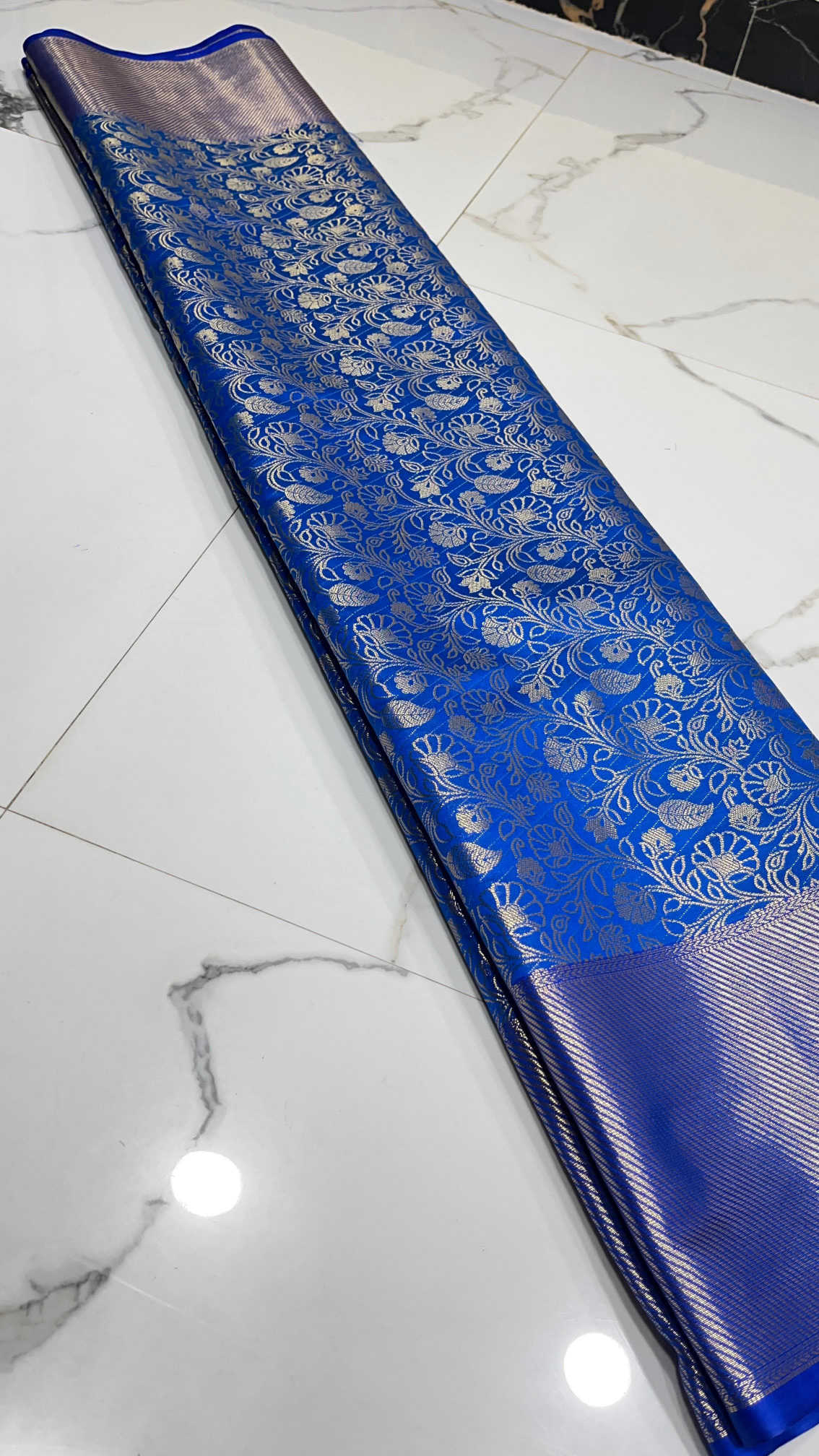 Banarasi Semi Kataan Saree – Royal Blue Embroidery Weave with Silver Zari Highlights