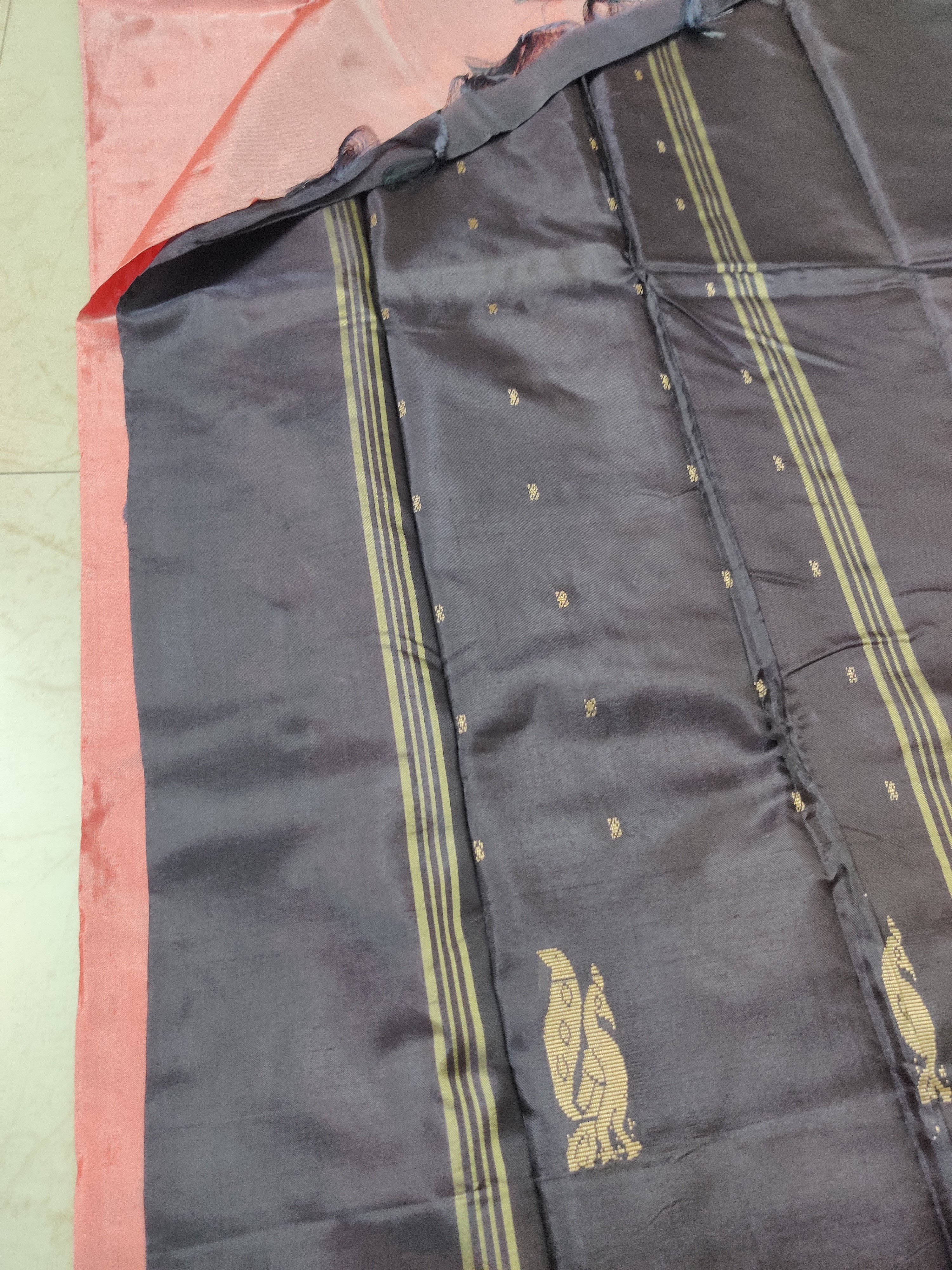 Banana Pith Saree (Vazhainar Saree) – Charcoal Grey Body with Yellow Temple Motif