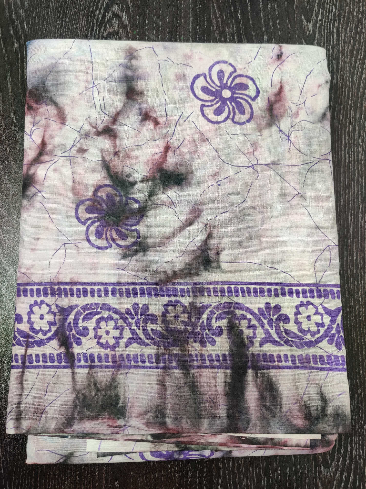 Pure Cotton Floral Border Saree – Grey & Purple Tie-Dye Design
