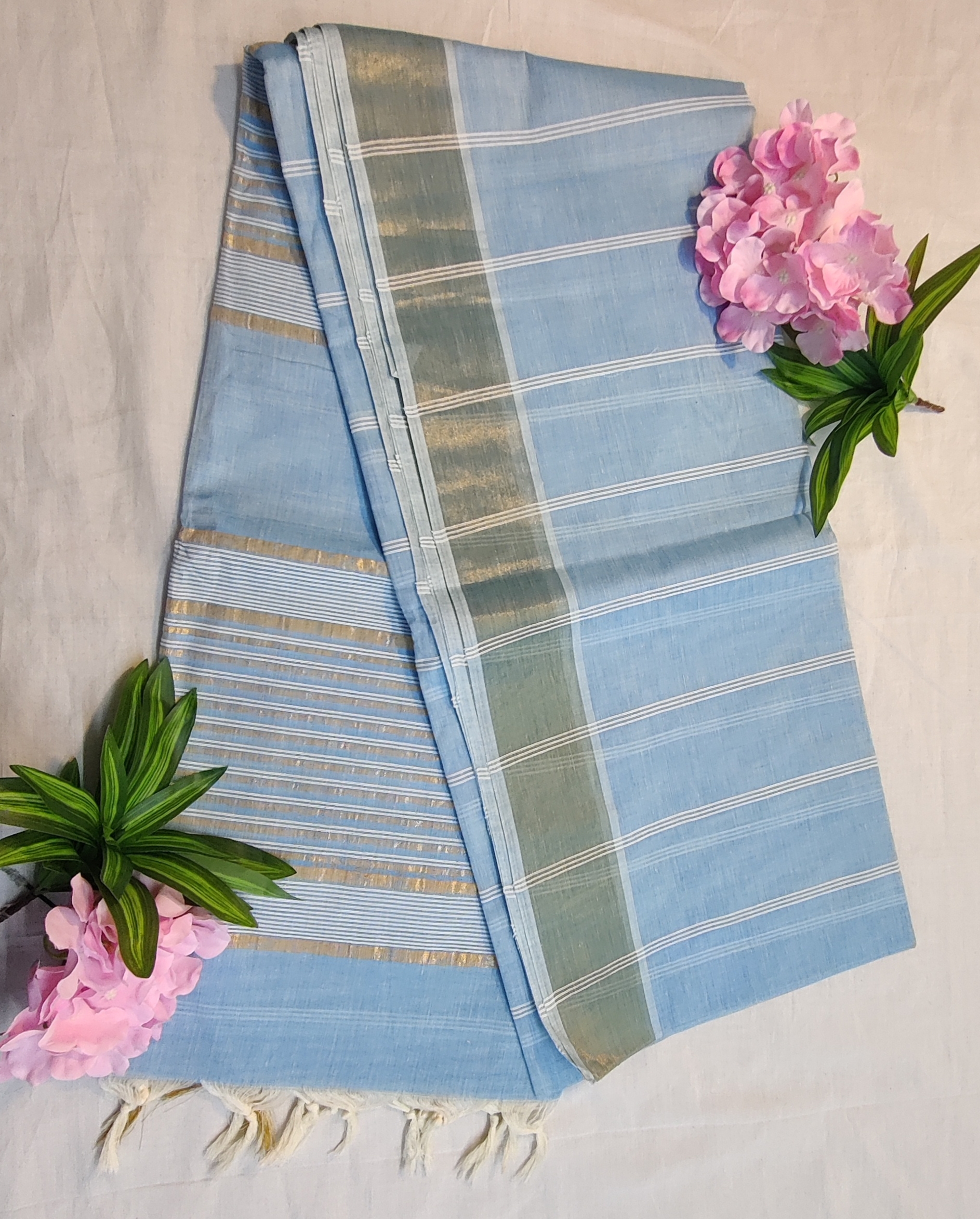 Sky Blue Jute Cotton Saree with Soft Self-Stripes & Gold Zari Accents