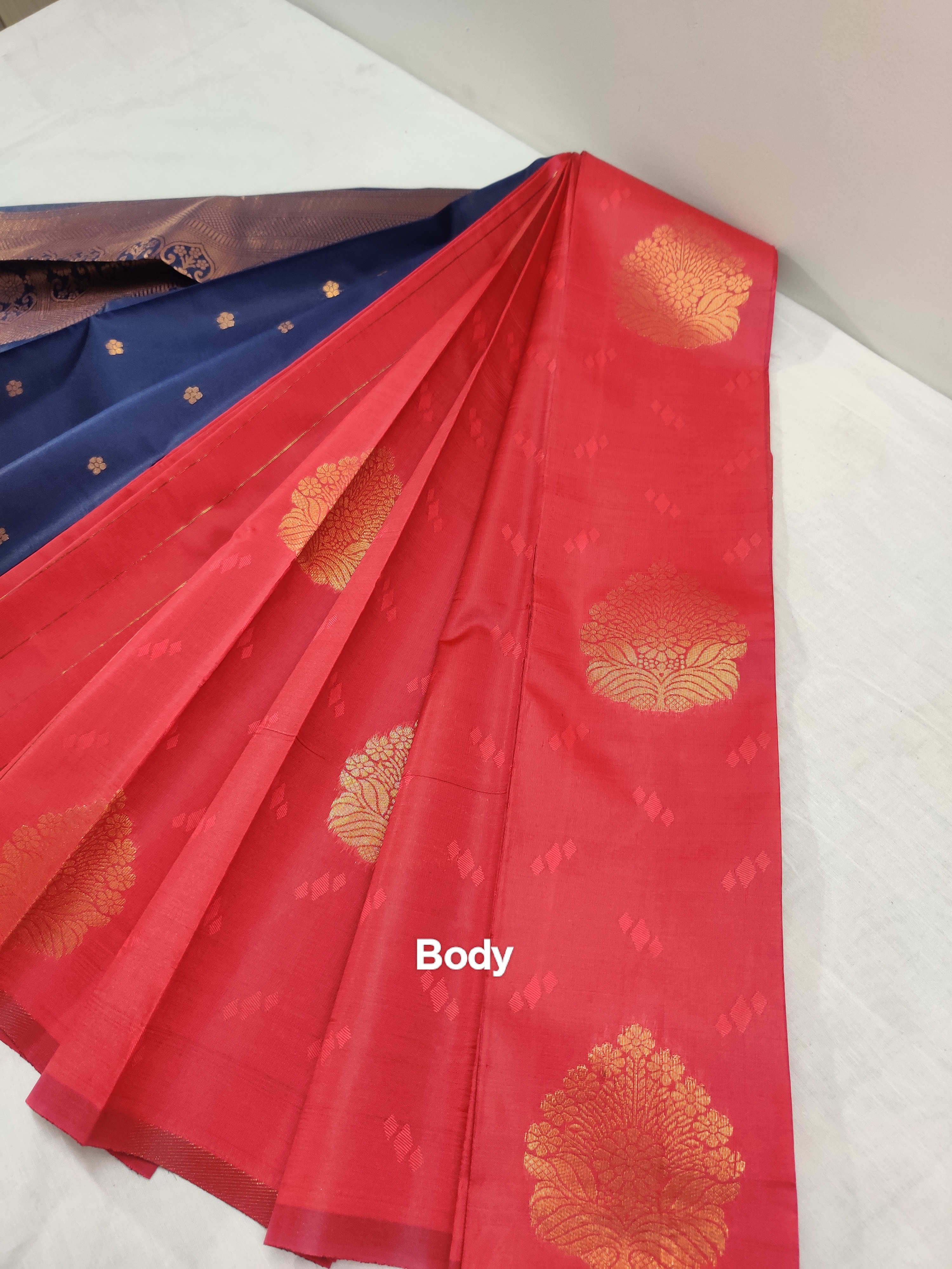 Red Semi Soft Silk Saree with Blue Copper Zari Pallu
