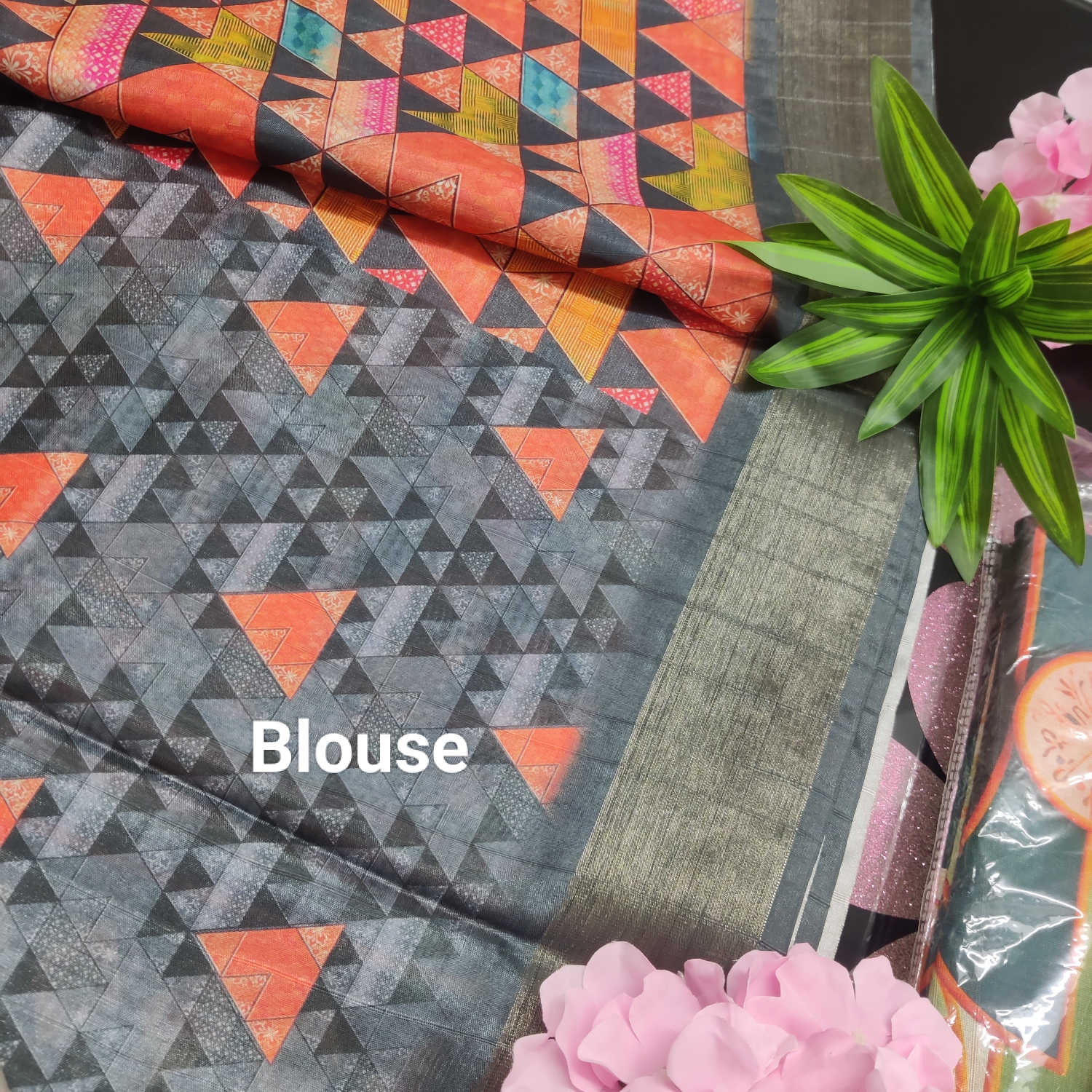 Kundali Dola / Tassar Silk Saree – Multicolor Geometric Pattern with Grey Border
