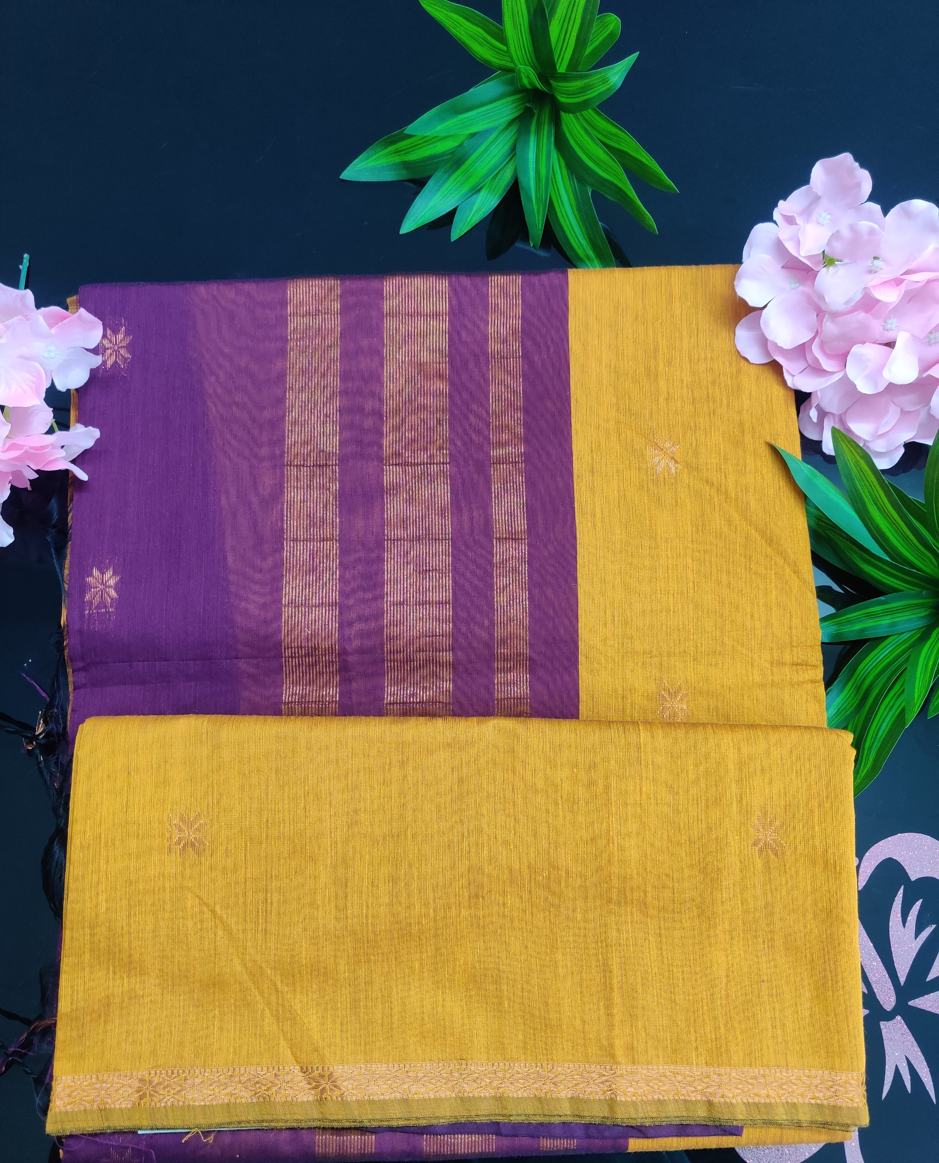 Mustard Yellow Body with Purple Pallu & Golden Zari Border