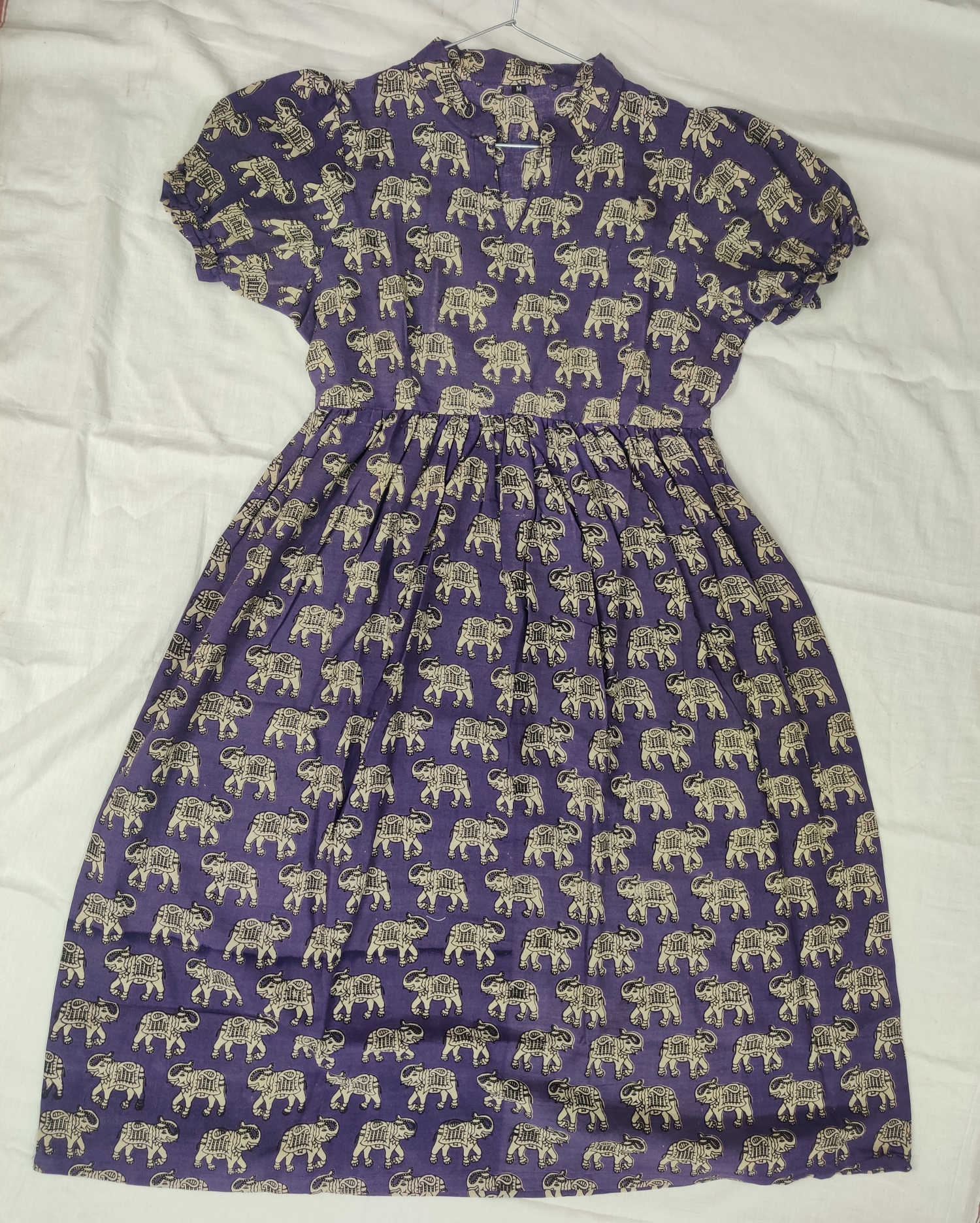 Kalamkari Cotton Maxi Dress – Royal Purple Elephant Motif Printed Ankle-Length Dress