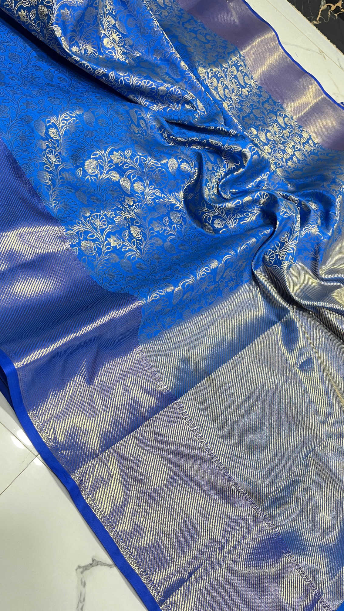 Banarasi Semi Kataan Saree – Royal Blue Embroidery Weave with Silver Zari Highlights