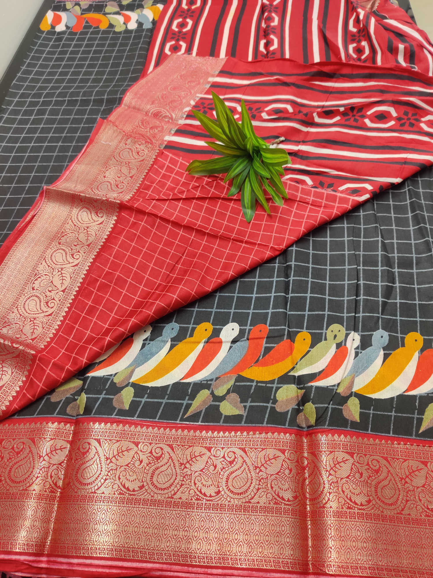 Premium Dola Silk Saree – Elegant Checkered Design with Multicolor Birds Border & Rich Zari Pallu