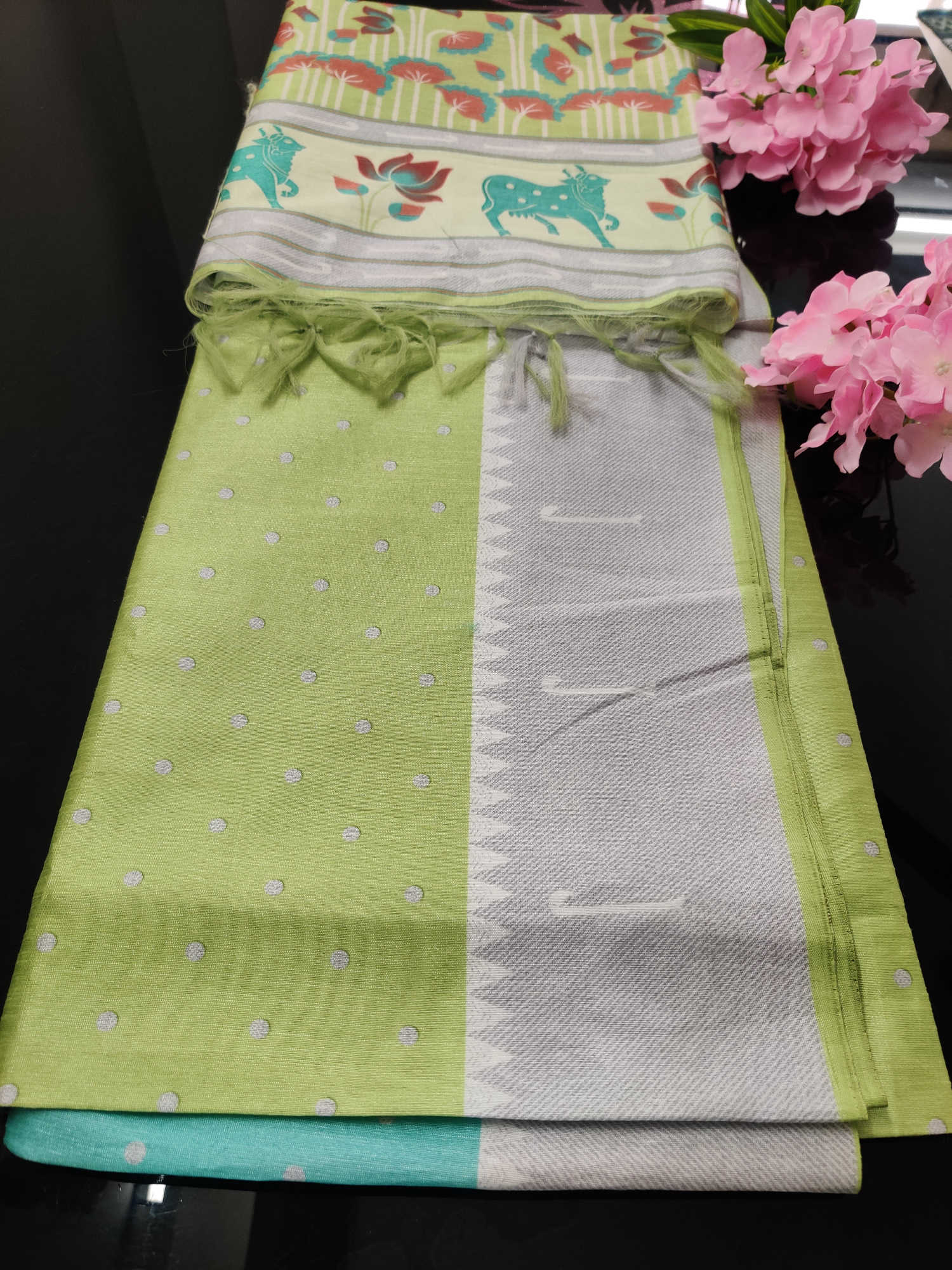 Daily Wear Fancy Saree – Light Green & Aqua Body with Traditional Cow & Floral Printed Pallu