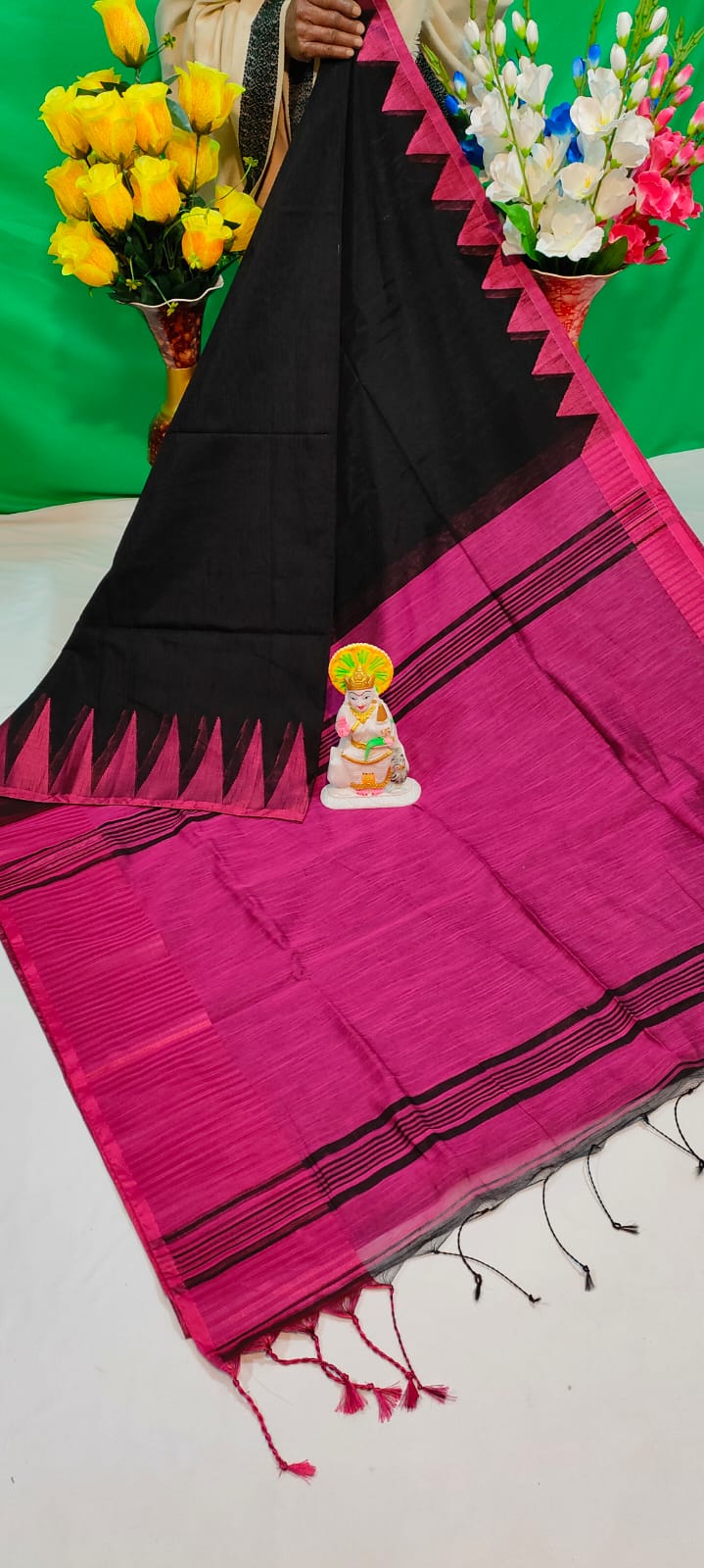 Pink & Black Temple Border Khadi Cotton Silk Handloom Saree with Matching Blouse Piece