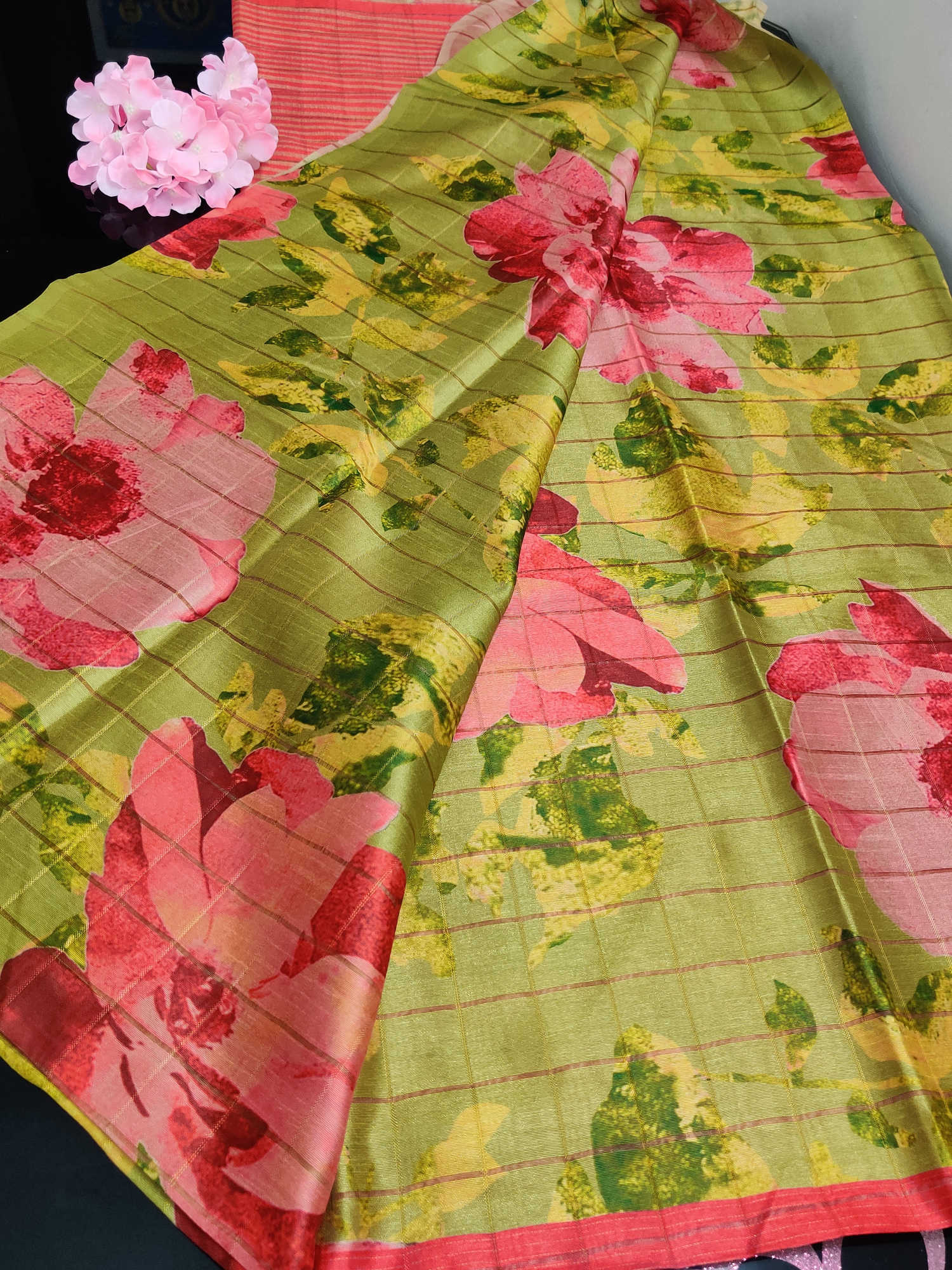 Daily Wear Fancy Saree – Olive Green Floral Printed Body with Coral Pink Striped Pallu