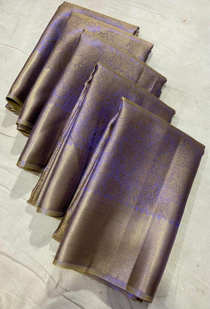 Banarasi Semi Kataan Saree – Antique Gold & Royal Purple Dual-Tone Weave with Intricate Floral Zari Pattern