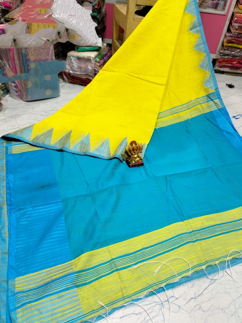 Yellow & Sky Blue Temple Border Khadi Cotton Silk Handloom Saree with Matching Blouse Piece