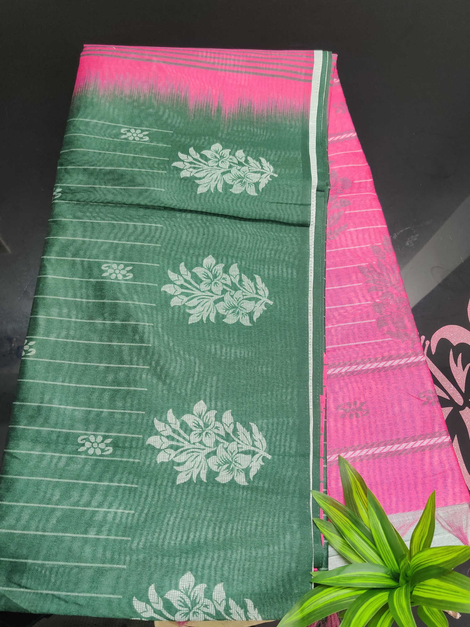Daily Wear Fancy Saree – Green Body with Polka Dot Print & Artistic Floral Designer Border