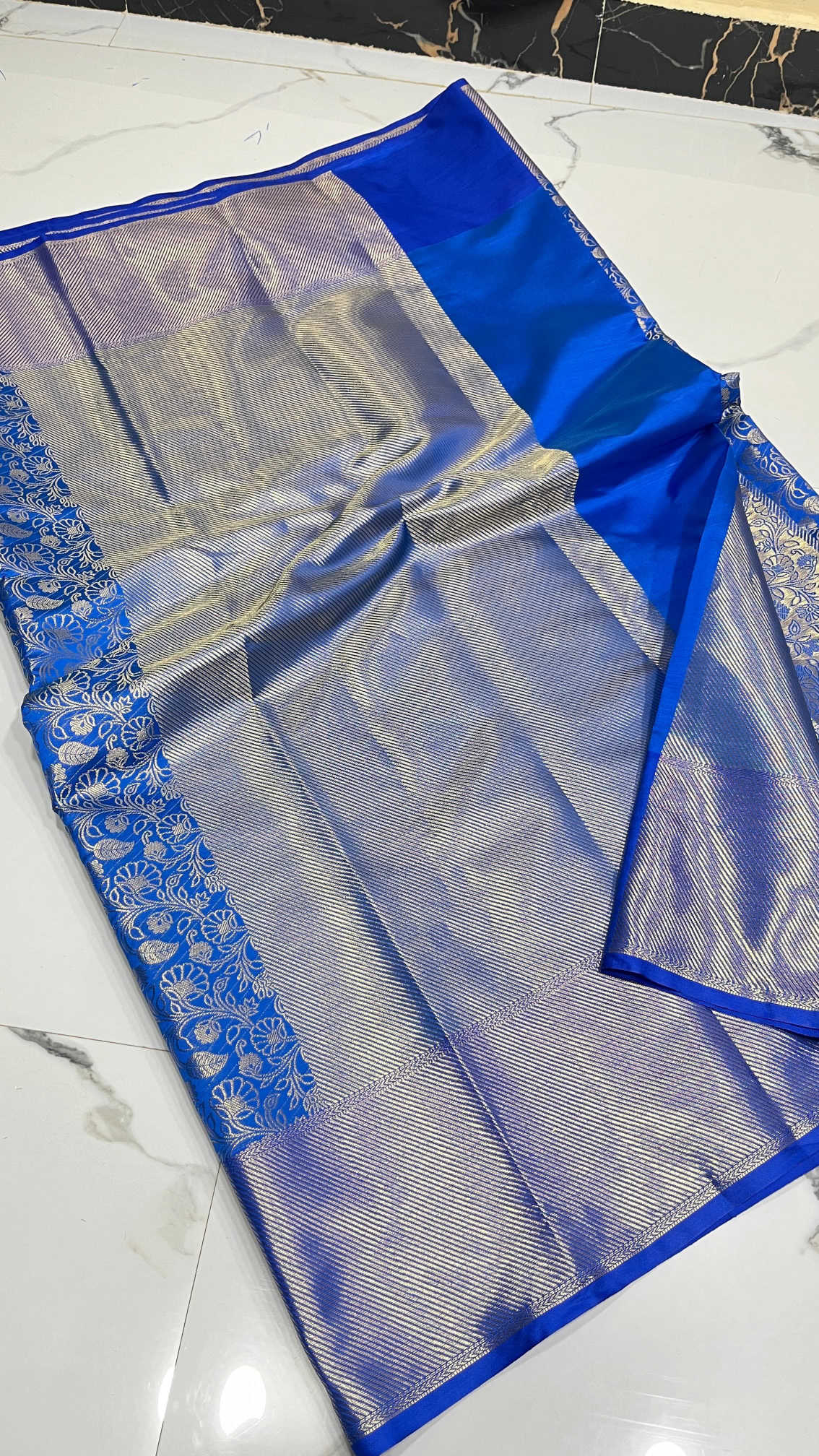 Banarasi Semi Kataan Saree – Royal Blue Embroidery Weave with Silver Zari Highlights