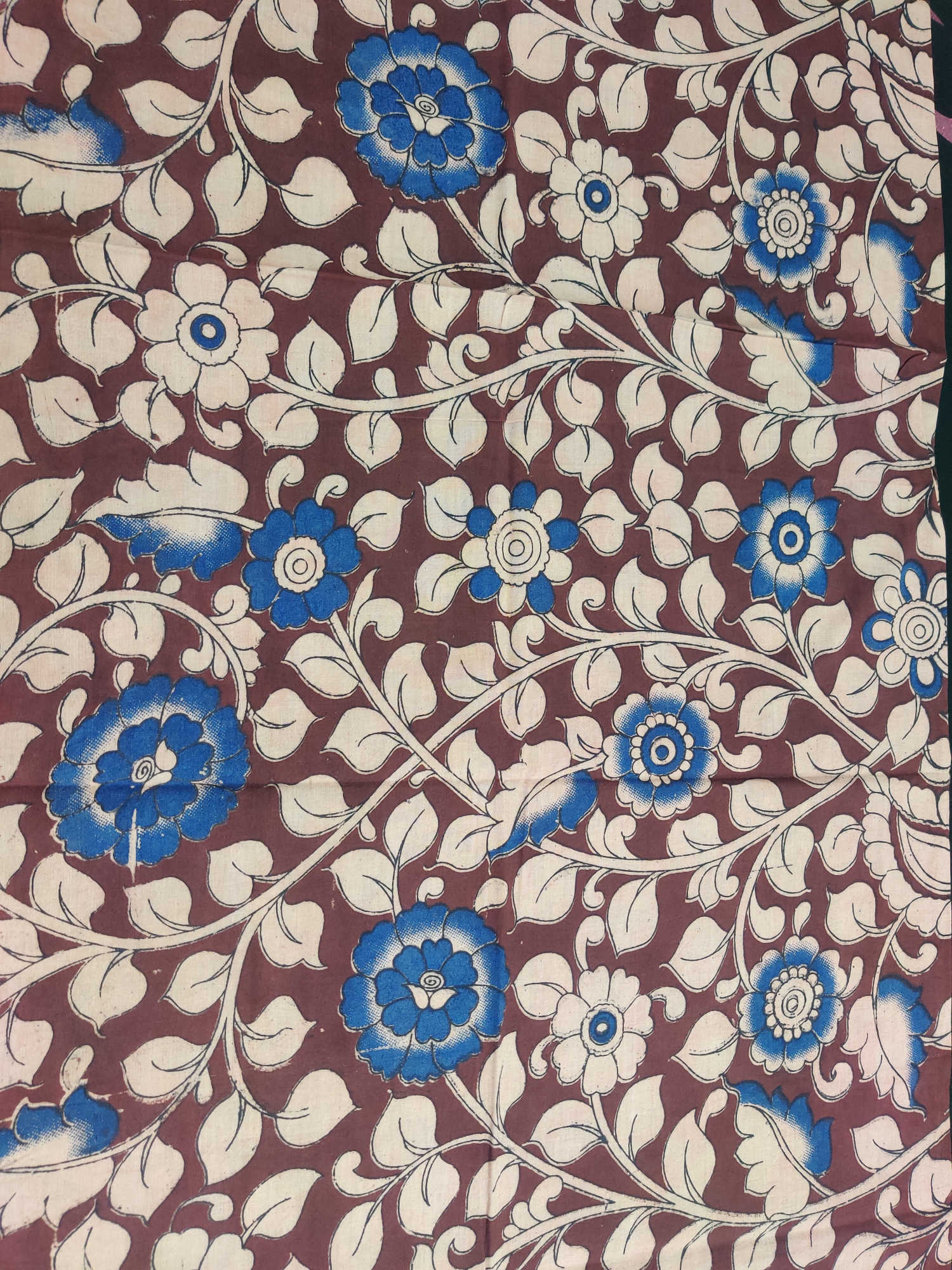 Kalamkari Blouse Fabric – Maroon Base with Blue & Ivory Floral Print