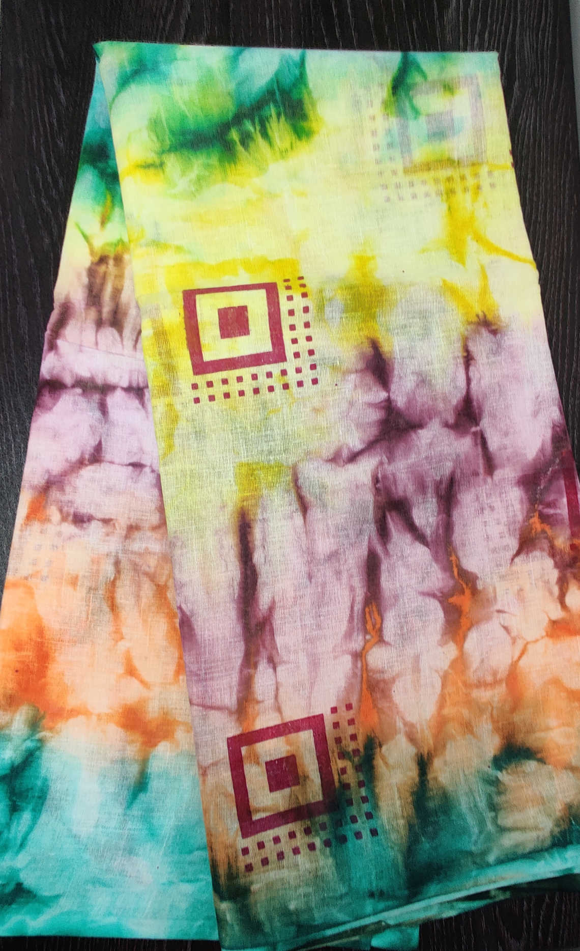 Pure Cotton Multicolour Tie-Dye Saree with Maroon Geometric Square Prints