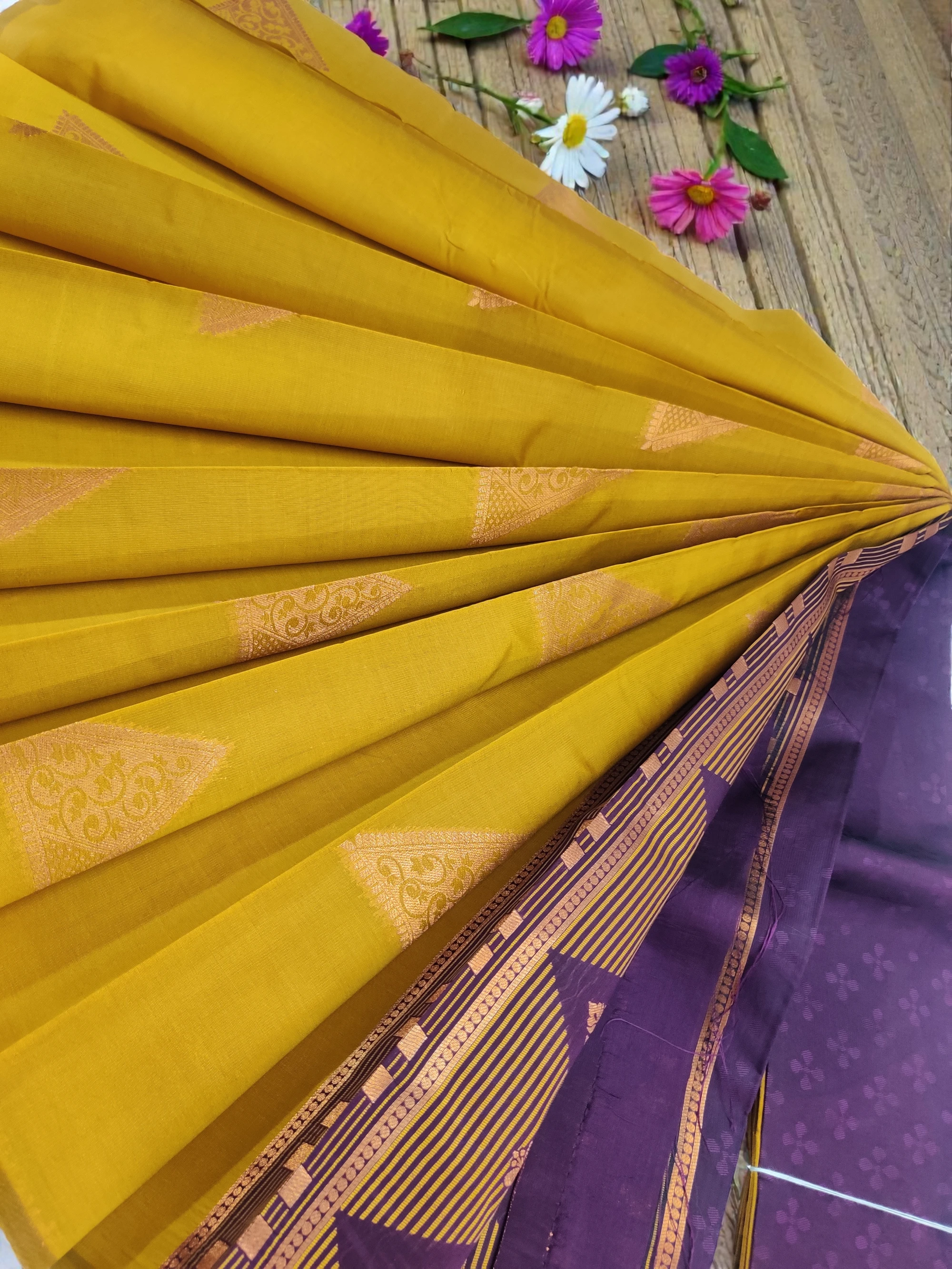 Mustard Yellow Semi Soft Silk Saree with Purple Contrast Pallu & Blouse
