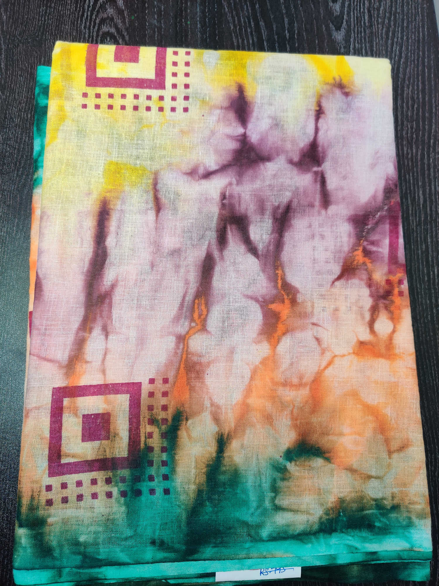 Pure Cotton Multicolour Tie-Dye Saree with Maroon Geometric Square Prints