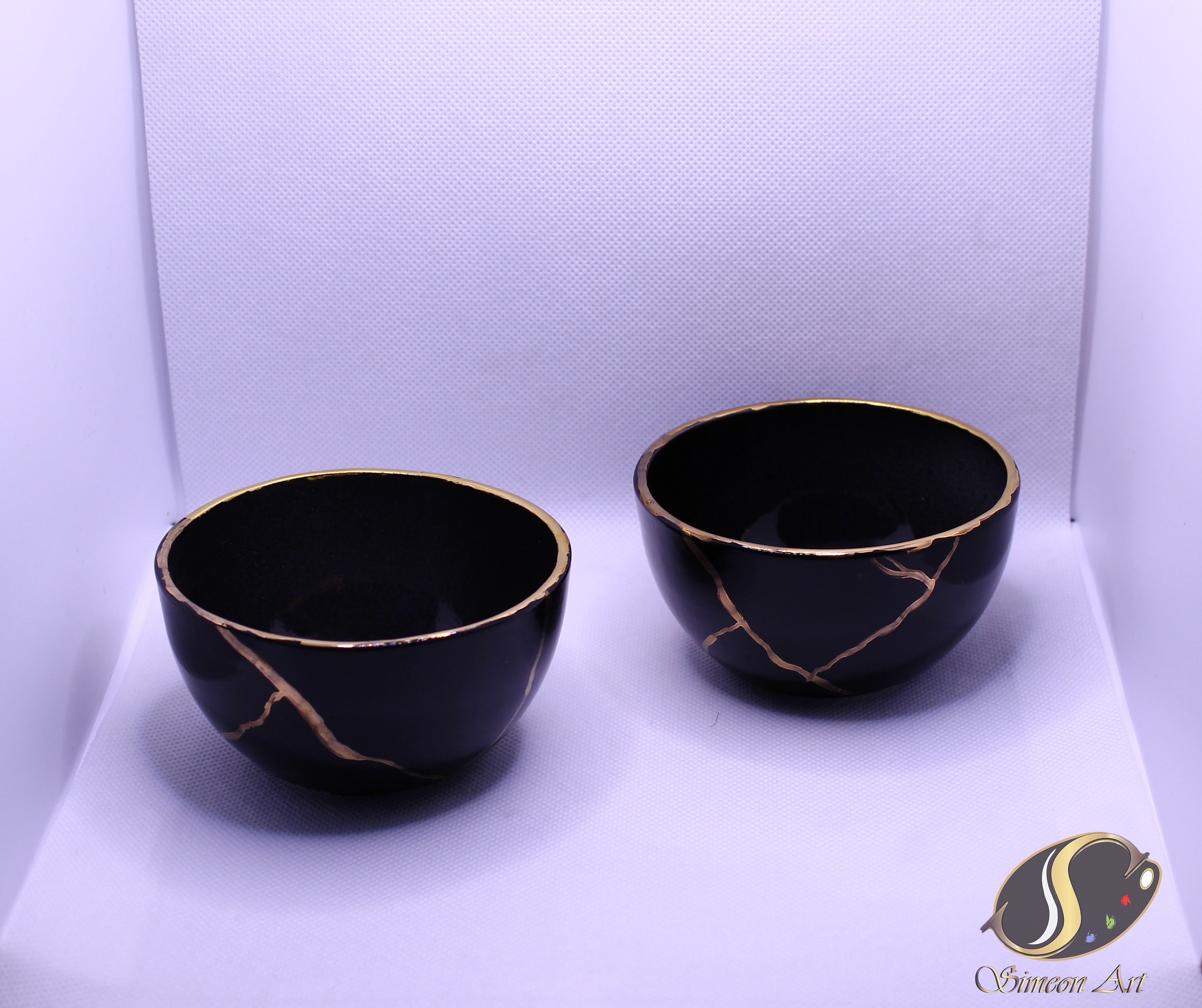 Kintsugi Style Black Ceramic Bowls
