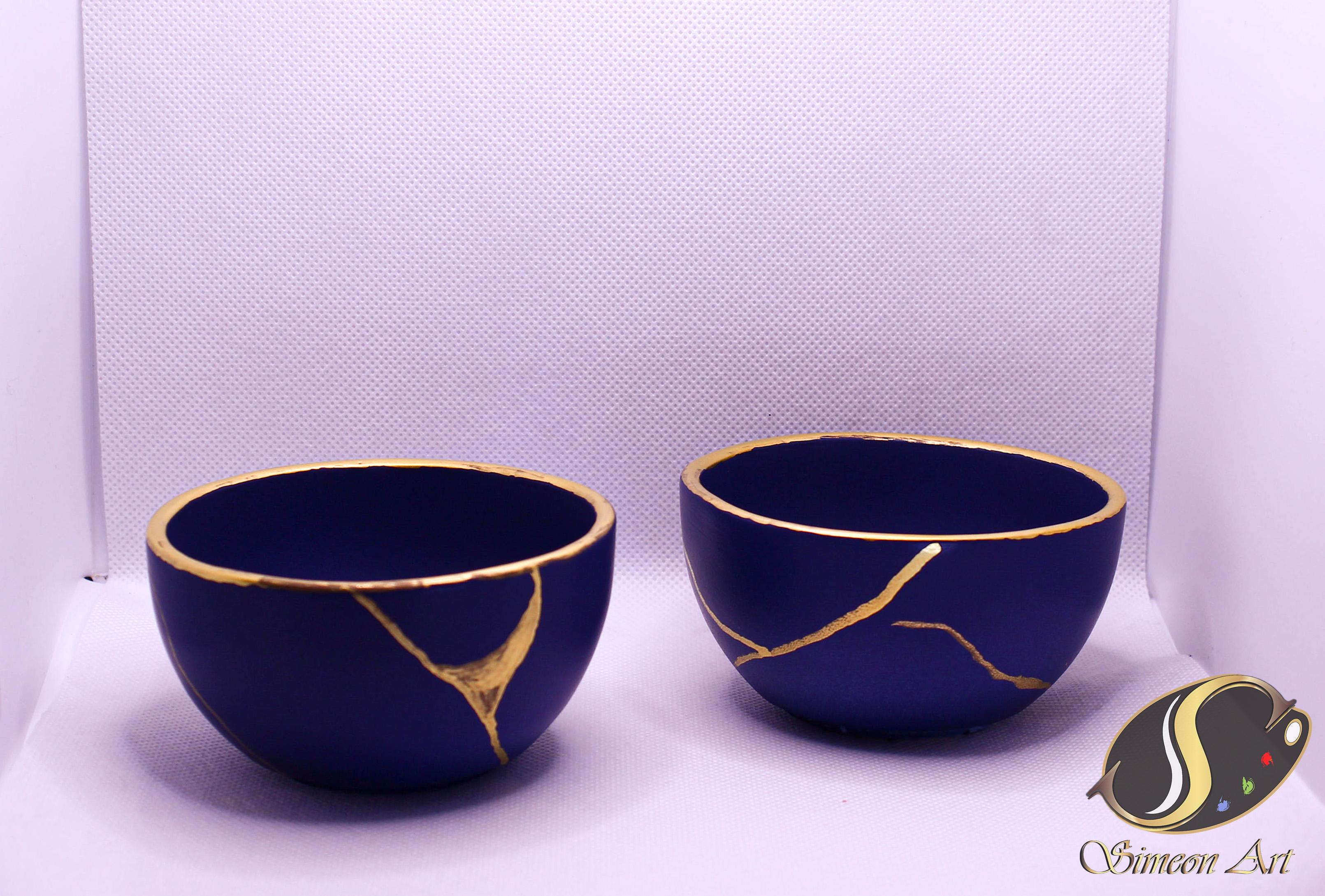 Handcrafted Kintsugi Blue-Gold Ceramic Bowls