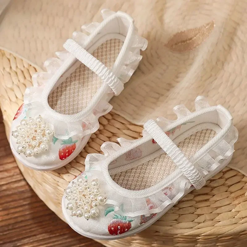 Girls' White Floral Pearl Mary Jane Shoes