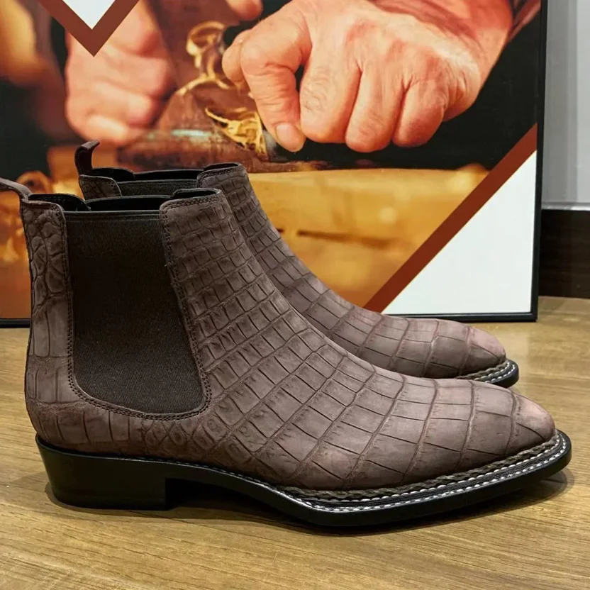 Brown Crocodile Pattern Chelsea Boots