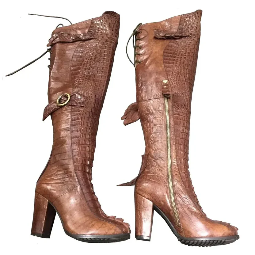 Brown Crocodile Pattern High Heel Boots