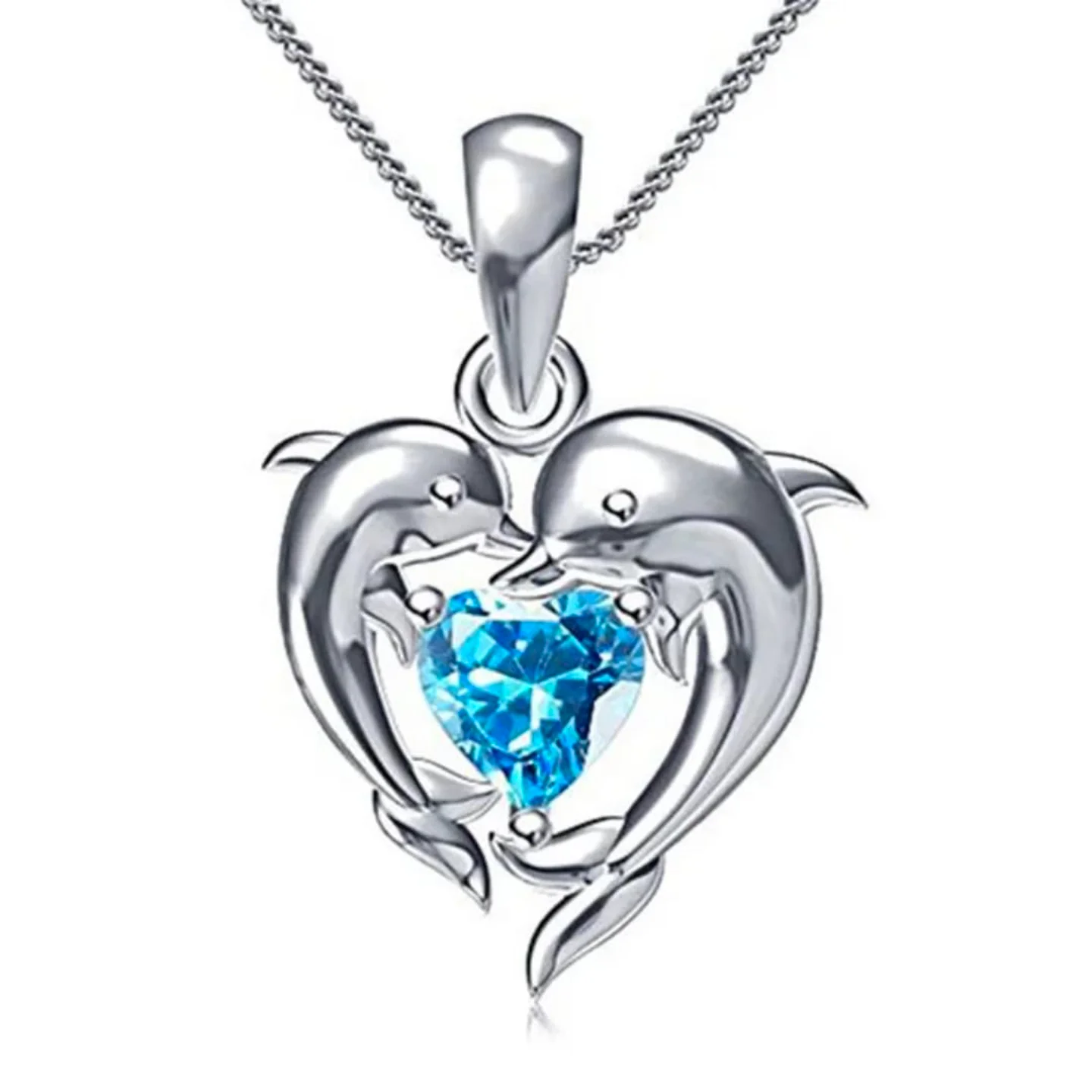 Dolphin-Shaped Blue Heart Crystal Necklace | Elegant Zircon Pendant Jewelry