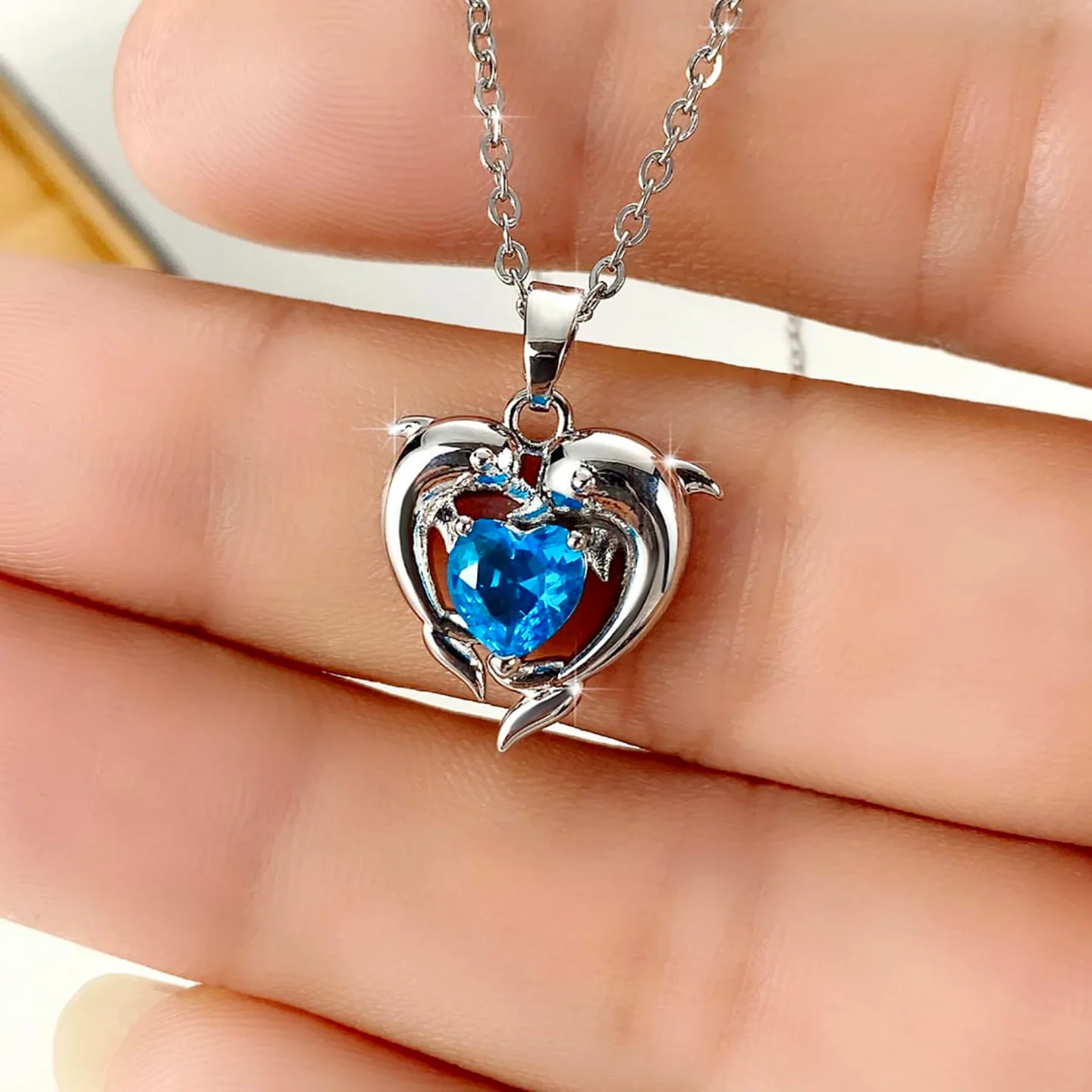 Dolphin-Shaped Blue Heart Crystal Necklace | Elegant Zircon Pendant Jewelry