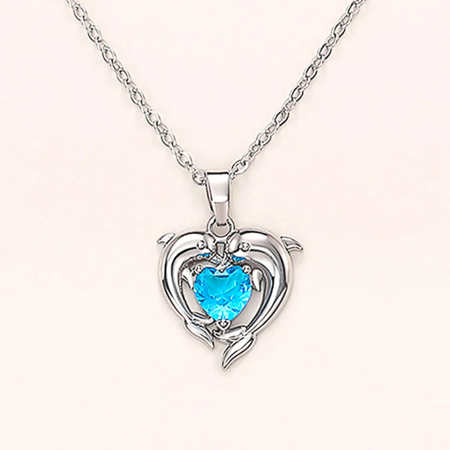 Dolphin-Shaped Blue Heart Crystal Necklace | Elegant Zircon Pendant Jewelry