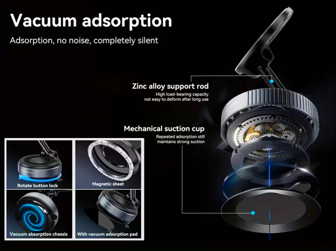 Car Phone Holder – 360° Rotating Magnetic Mount with Mechanical Vacuum Suction Cup