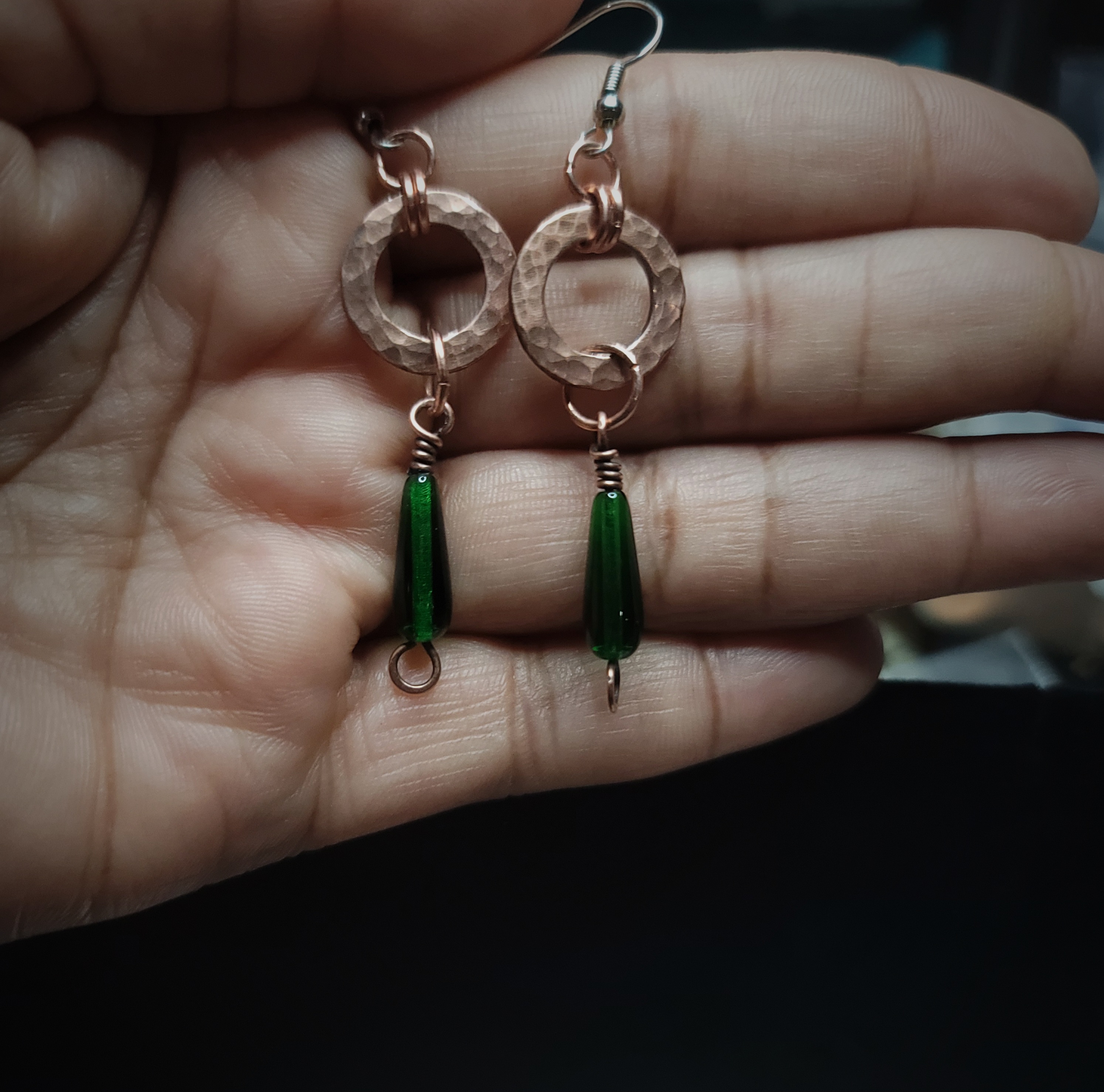 Handmade Copper and Green Bead Earrings