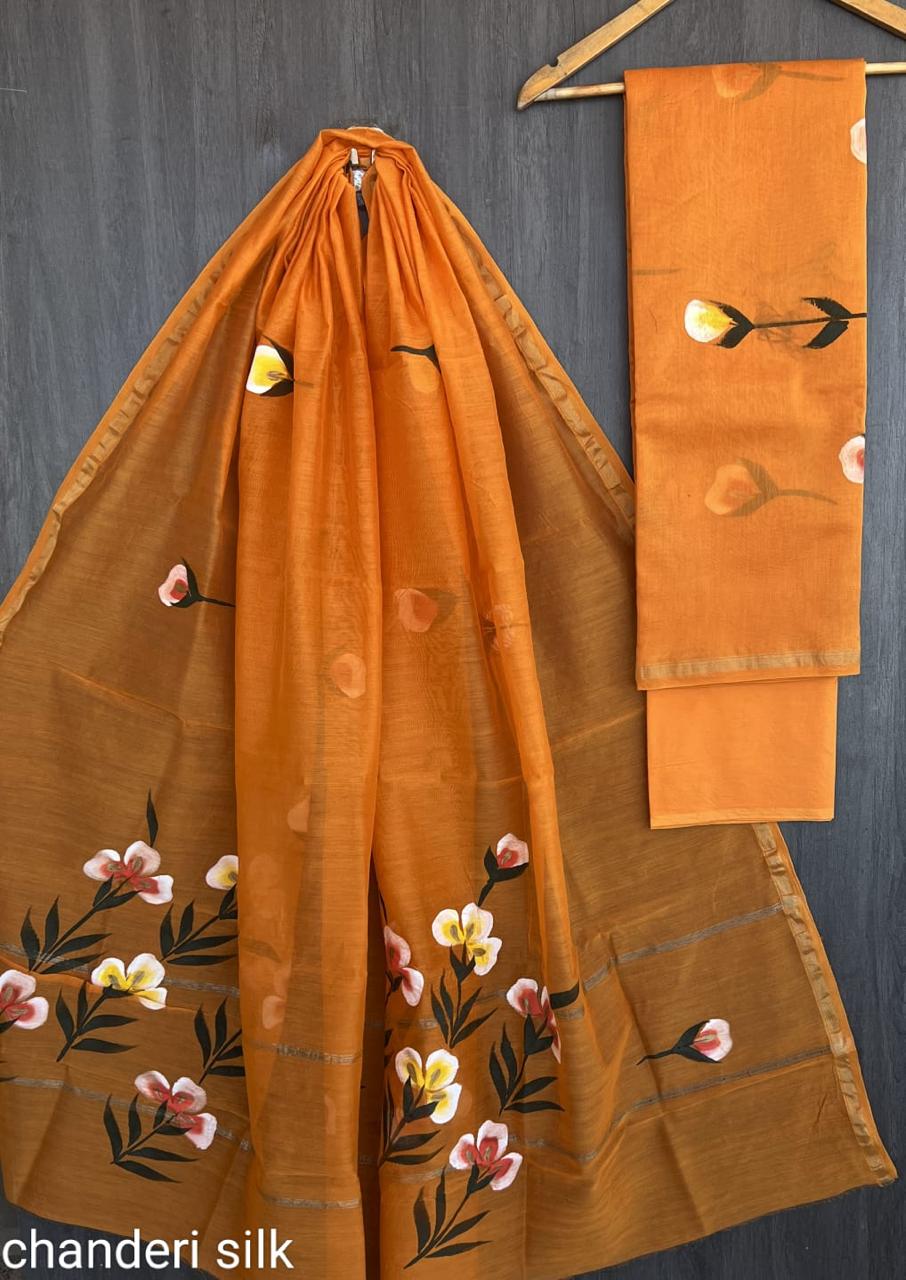 Handpainted chanderi cotton suit