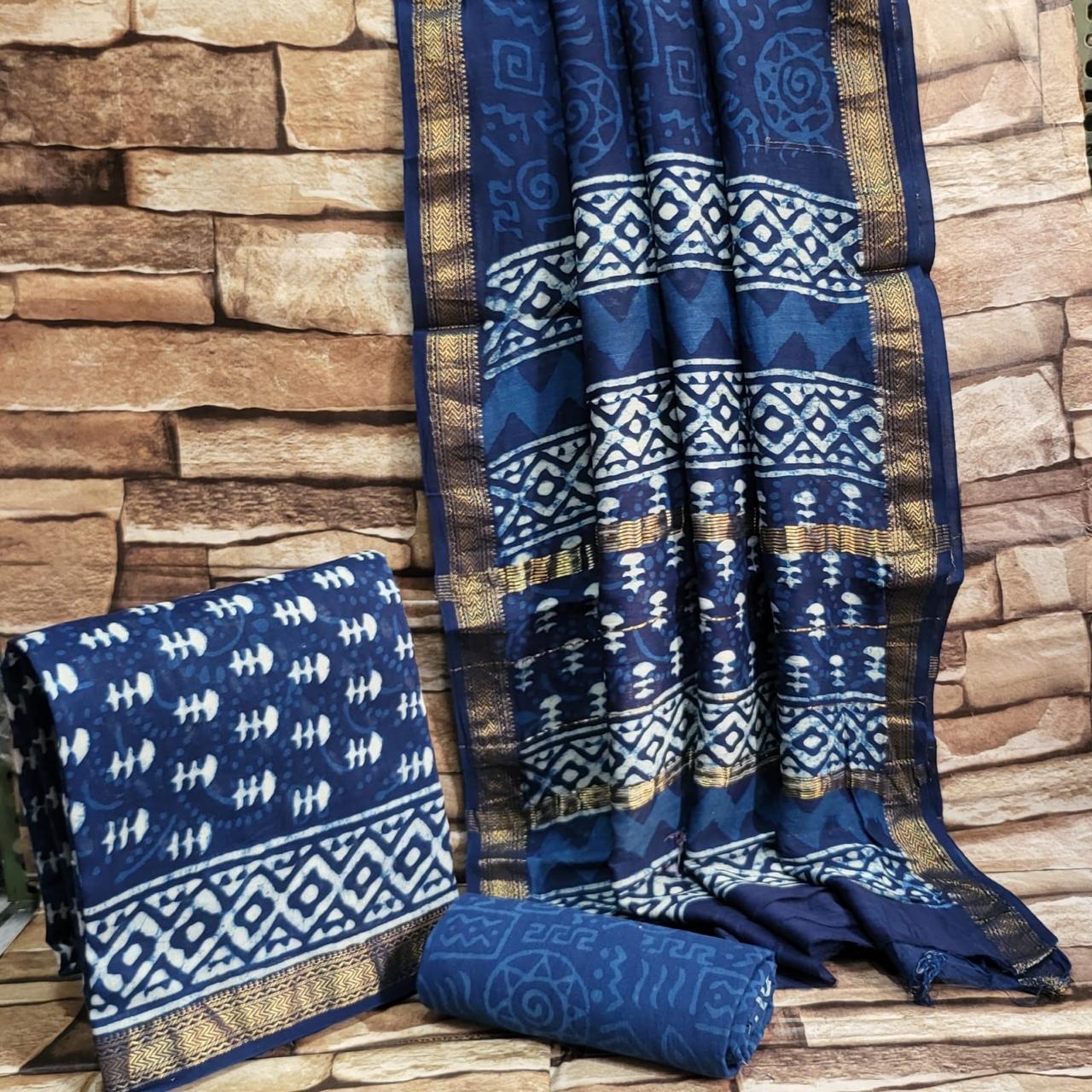 maheshwari indigo  block printed silk cotton suit