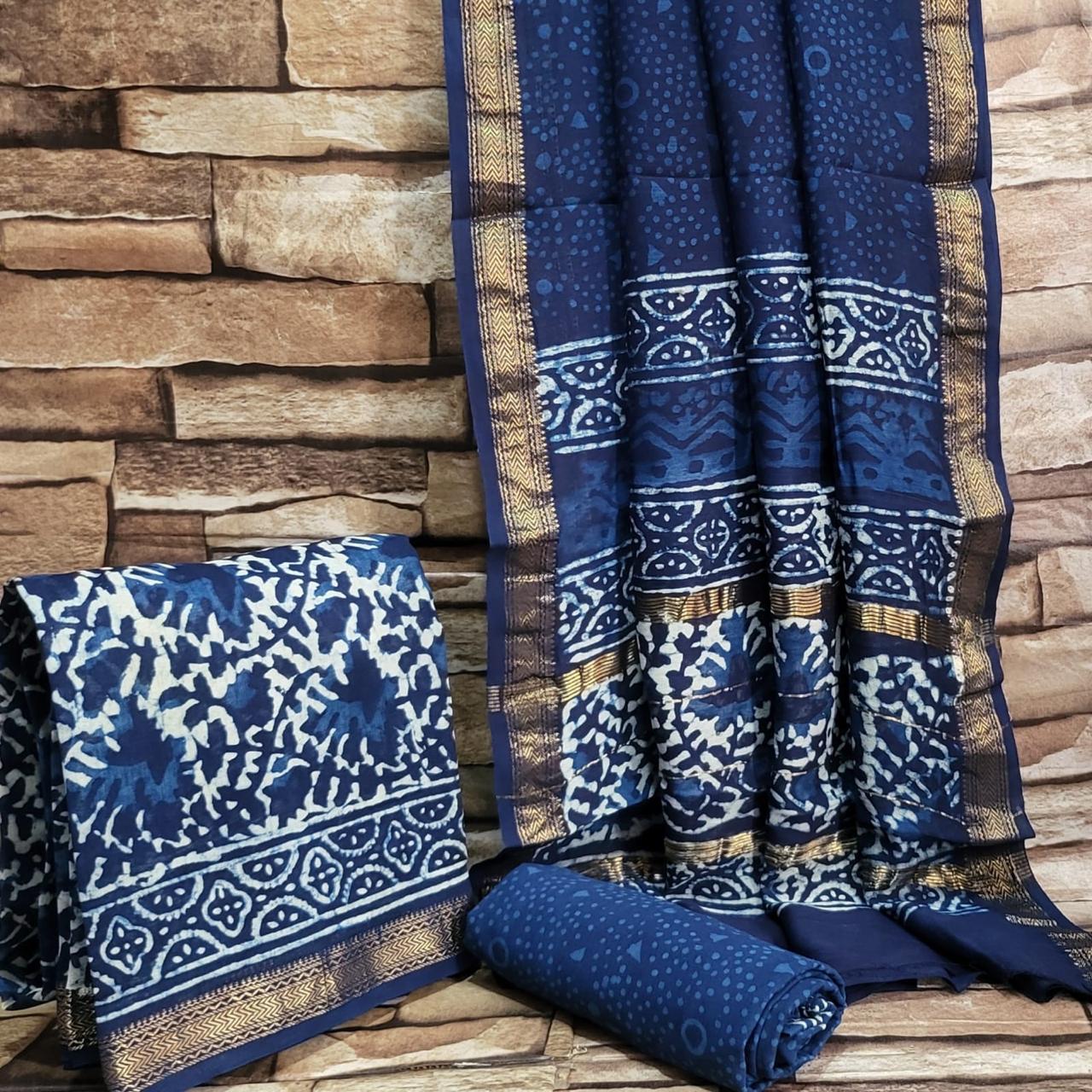 maheshwari indigo block printed silk cotton suit