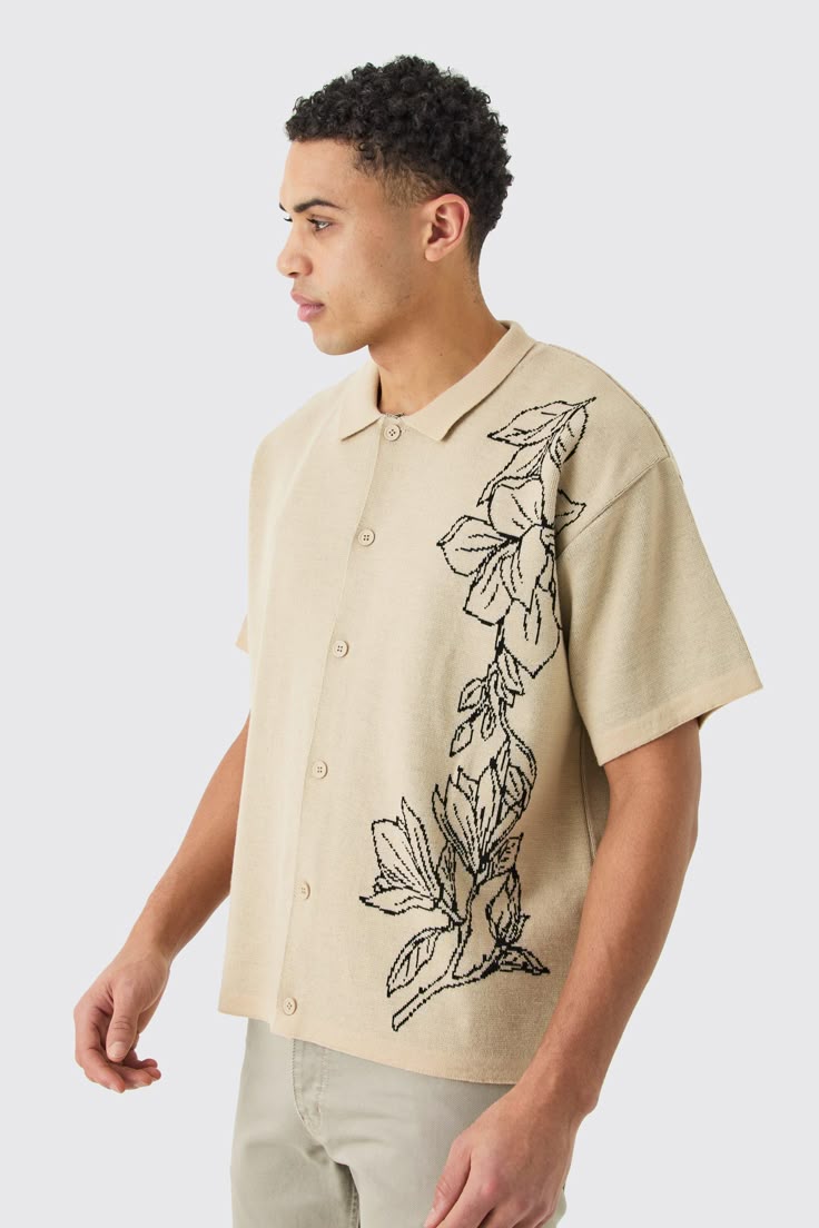 Beige Short Sleeve Floral Shirt