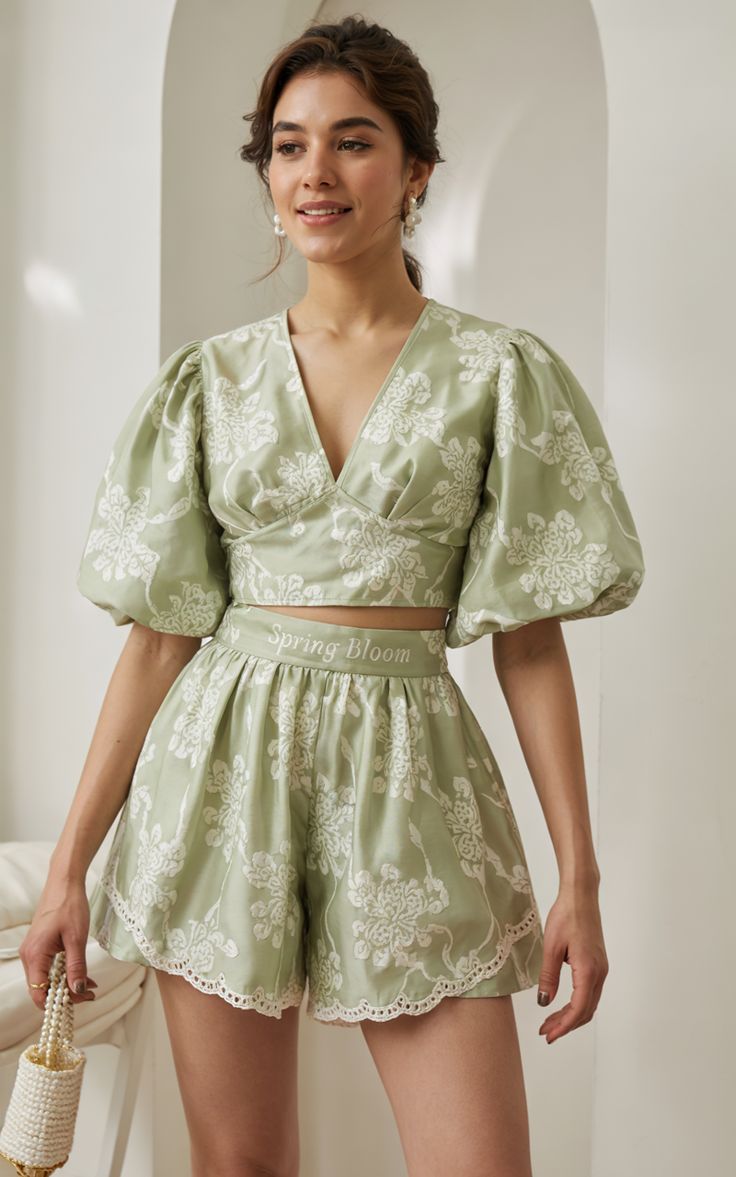 Green Floral Puff Sleeve Set