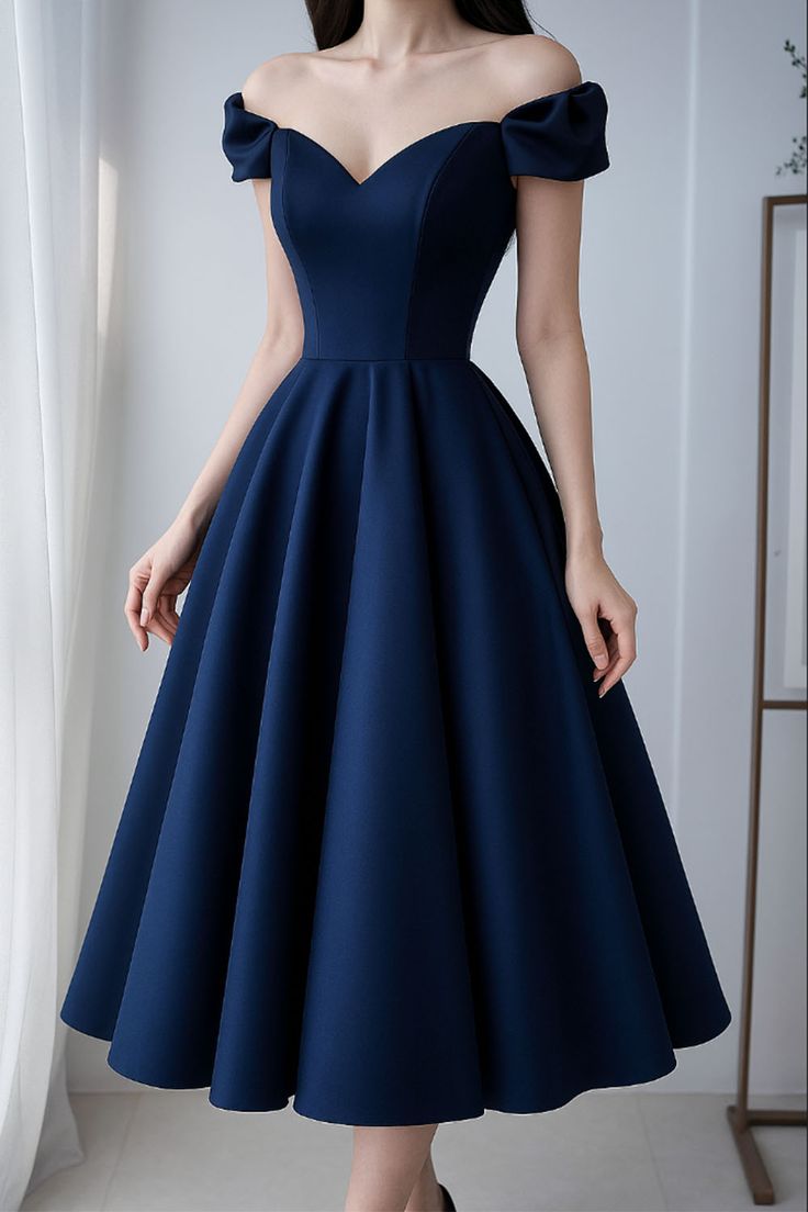 Elegant Navy Off-Shoulder Cocktail Dress
